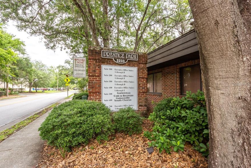 Executive Office Suite 500-/700-J-2 adjoining private offices with 6 floor to ceiling store front windows, private entrance at Suite 500, with signage on NW 41 Street.  Location-Prominent class A freestanding professional office building right in the heart of Gainesville's thriving Northwest Millhopper/Thornebrook business and professional community.  Superior access-signalized at NW 41 Street & NW 16 Blvd, NW 28 Lane & NW 43 Street, and NW 25 Place & NW 43 Street.  Delectable eateries at all price points within a one mile radius and walking distance. Adjacent business & professional support services-banks, USPS, grocery stores, drug store, print/copy center, health clubs, gas station and more.  Includes 24/7/365 access to building office and amenities.  Business marketing & directory signage.  Public transportation-covered kiosk 100' south.  Interstate 75-10 minutes west via NW 39 Avenue.  Owner/landlord and listing agent is a Florida licensed real estate agent.