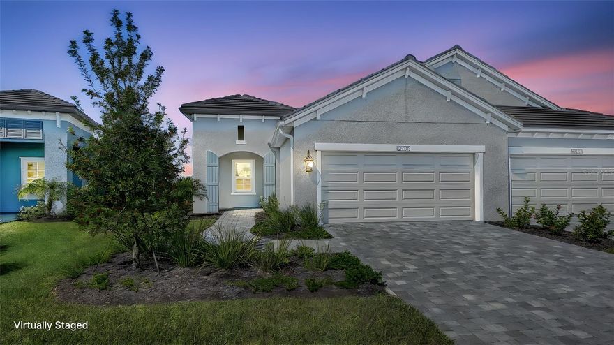 One or more photo(s) has been virtually staged. MOVE-IN READY NEW CONSTRUCTION VILLA IN PALM GROVE AT LAKEWOOD RANCH. This beautifully upgraded Neal Communities home offers a BRIGHT OPEN FLOORPLAN with 3 BEDROOMS, 2 BATHS, AND A DEDICATED INTERIOR LAUNDRY ROOM, all thoughtfully designed for easy Florida living. The kitchen features QUARTZ COUNTERTOPS, STAINLESS STEEL GAS APPLIANCES, A LARGE CENTER ISLAND, AND POCKET SLIDING GLASS DOORS that open to the SCREENED AND EXTENDED LANAI, perfect for indoor-outdoor entertaining. The primary suite includes a WALK-IN CLOSET AND SPA-STYLE BATH, while impact-resistant LOW-E DOUBLE-PANE WINDOWS, a GAS WATER HEATER, and SMART HOME FEATURES add comfort and efficiency. Located in GATED PALM GROVE AT LAKEWOOD RANCH, residents enjoy a RESORT-STYLE POOL, CLUBHOUSE, FITNESS CENTER, PICKLEBALL COURTS, PARKS, PLAYGROUND, AND SCENIC WALKING TRAILS, all with MAINTENANCE-ASSISTED LIVING and easy access to Lakewood Ranch amenities, shopping, dining, and top-rated schools.