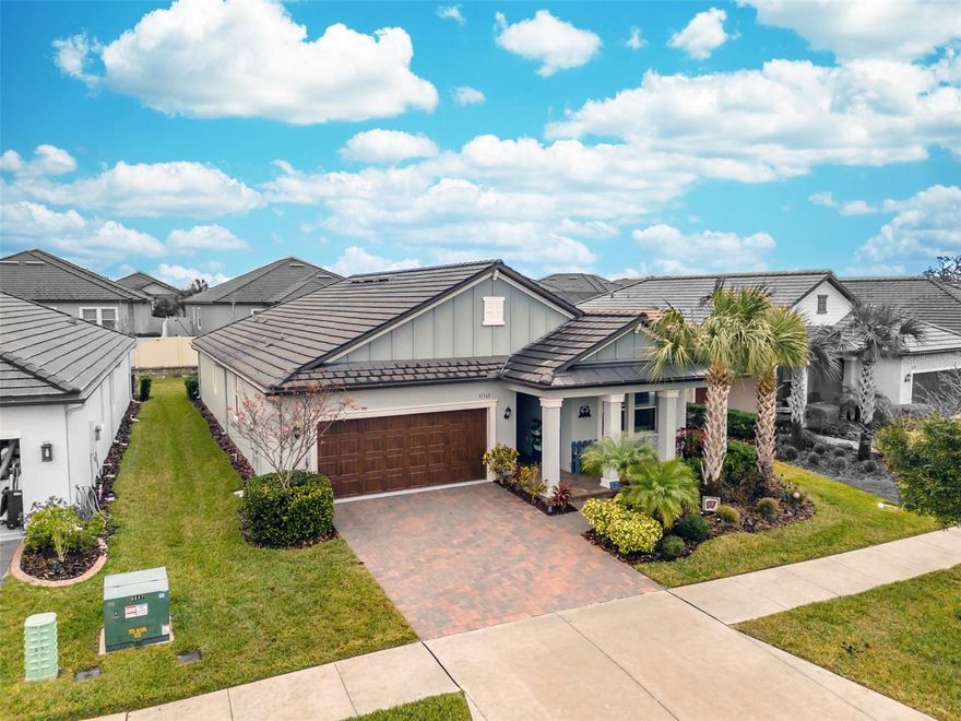 Sunburst model built in 2021 with over $20K in upgrades! MEDLEY AT MIRADA (55+). More convenience & peace of mind versus buying a sterile blank canvas for $50K more! On a premium lot with serene water view from your own front porch. Oversized & screened lanai, 2-car garage with extra space for a golf cart, and all within a privately gated community. Highlighted by bonus Flex Room (3rd bedroom/home office option), plantation shutters, and crown molding in nearly every room. **Laundry room – larger than most!** Terrific natural lighting with an abundance of double-pane windows & accordion sliding glass door. Kitchen includes grey herringbone backsplash, beautiful granite countertops, and walk-in pantry. Kitchen flows seamlessly into the diagonal-tile living room with custom blue accent wall & an easy transition leads to the outdoor lanai for many days and nights of relaxation and/or entertaining. Gutter system upgrade & water softener included. The HOA includes many benefits with high-speed “UltraFi” internet, TV (250+ channels), landscaping, and Crystal Lagoon access included. The benefits continue with access to Medley’s own resort-style heated pool and amenity center with full service café & bar. The list goes on… 24hr fitness center, pickleball, tennis, bocce ball, billiards, a card room, ballroom, shuffleboard, dog park, and a tot lot playground for any visiting family. The 15-acre lagoon includes swim up bar, sandy beaches, cabanas, water slide, water splash zone, kayaking, and water obstacle course. Prior to the community’s grand winding entrance stands a Publix shopping center with popular golf courses & hospitals just a short drive away. Access to I-75 is only a 5-minute drive. Experience Medley at Mirada & this beautiful home today!