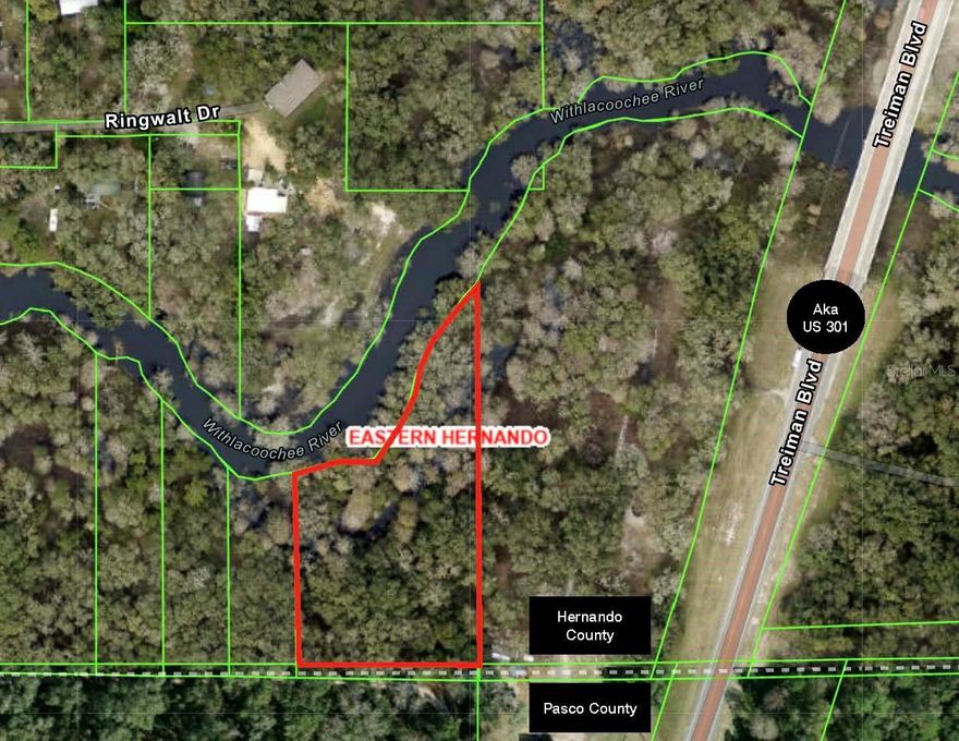 Beautiful Large Oaks, easy access only 300 feet west of US 301 (Treiman Blvd) which is currently being improved. FDOT building large retention pond South of property and improving road access to the parcel. 1.4 Acres Approximately 300' on the Withlacoochee River. Additional 2.2 Acres on same Road (not contiguous) available for $75,000.