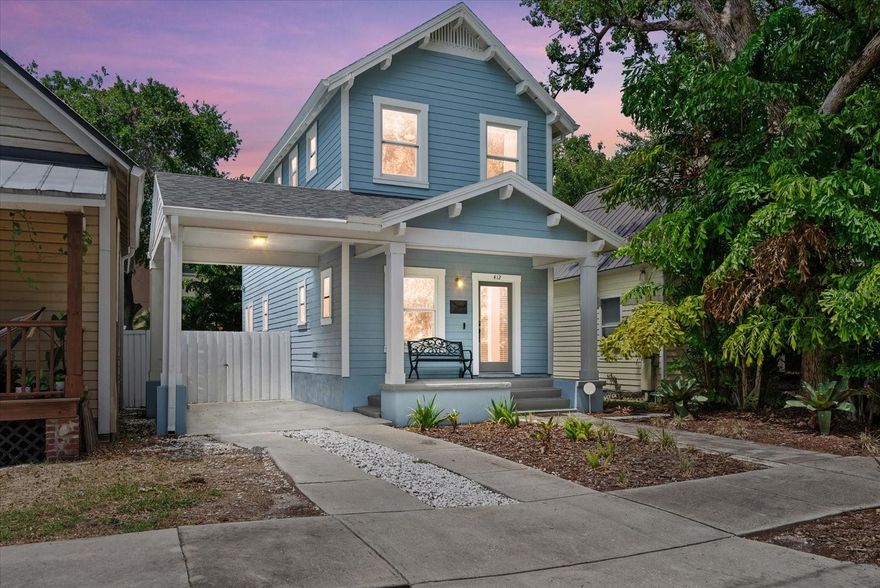 Welcome to this rare craftsman-style gem located in the heart of historic Tampa Heights. Built in 2007, this beautifully maintained 2-bedroom, 2.5-bath home blends timeless character with modern comfort. A charming front porch invites you into an open-concept layout featuring real cherry wood flooring, high ceilings, a formal dining space, and a well-appointed kitchen with granite and quartz countertops, stainless steel appliances, and custom finishes. Abundant natural light enhance the warm and inviting atmosphere throughout. Upstairs, a split-bedroom layout ensures privacy, with each bedroom offering its own ensuite bathroom, while a convenient half-bath serves guests on the main floor. The home has been thoughtfully updated with a new Roof in 2023, Exterior was painted in 2023, HVAC system in 2021 and a new water heater in 2024. Outside, enjoy lush landscaping, brick pavers, and a private backyard complete with a storage shed and full privacy fencing—ideal for entertaining or creating a flexible outdoor living space. The detached carport with alley access adds convenience and functionality. Located just steps from Armature Works, Ulele, the Tampa Riverwalk, and downtown dining and entertainment, this home offers the perfect balance of walkability and comfort. With energy-efficient construction and no HOA, this property presents a rare opportunity to own a turn-key home in one of Tampa’s most sought-after neighborhoods. Room sizes are approximate and should be verified by the buyer.