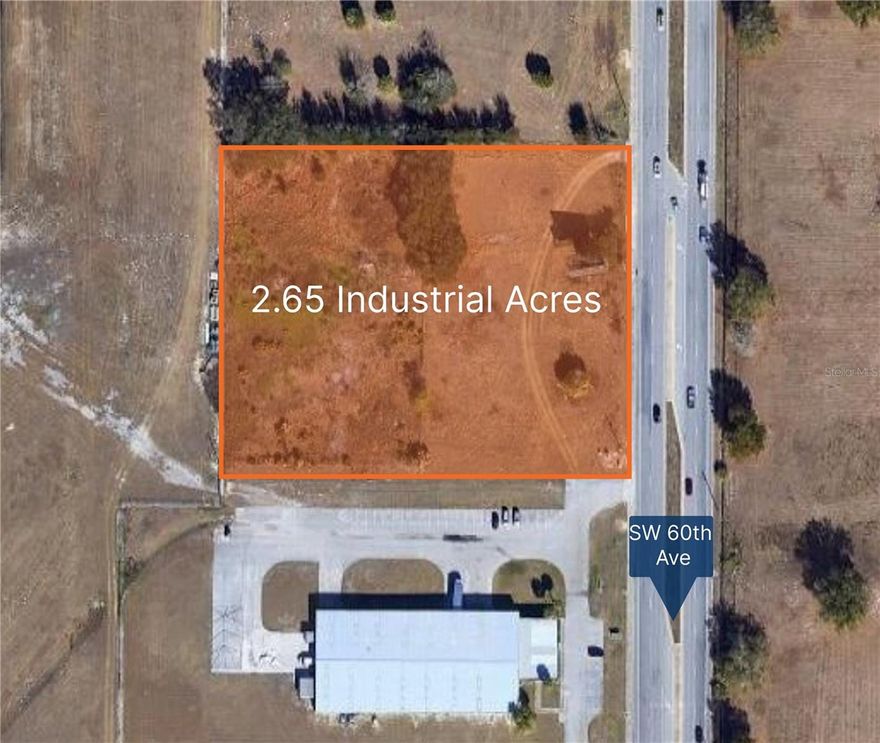 2.65 +/- industrial acres with 300'+ of frontage and excellent visibility along SW 60th Ave, adjacent to the Ocala International Airport and close to I-75.  Zoned M-1 with a low intensity commercial land use, this site is well situated for the development of small to mid bay warehouses, flex space, self storage, or a manufacturing facility. The offering includes three separate parcels, with each parcel just under one acre, (0.97, 0.80, and 0.88 acres, respectively), providing for easy future division and development if desired.
