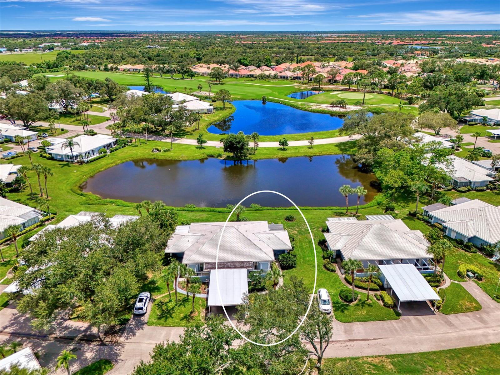 Stunning waterfront views in this villa home located in the desirable Augusta Villas community! Not one but two lake views and the wonderful planation golf course just beyond makes this home among the best locations and best views in all of August Villas. This 3 bedroom, 2 bathroom home is currently setup with one of the bedrooms extending the living area, giving you additional lighting and living space. The primary bedroom is unique featuring an additional den/office, or flex space. This space serves as an added benefit by connecting the previously detached laundry room directly to the interior of the home for added convenience. The primary bedroom features an updated en-suite bath with dual vanities and sinks, a walk-in roman style shower, plus a large walk-in closet. Updated kitchen with granite counters and stainless-steel fridge, hood, and oven. Fantastic water views from your screened lanai area, and from the main living area. Unique front gated porch area with pergola gives you lots of additional outdoor living space. Conveniently located close to Wellen Park, Historic Downtown Venice, and Gulf Coast Beaches. The Augusta Villas community features two community pools, included lawn maintenance, and exterior home maintenance including roof replacement and cleaning. Optional golf, social, or fitness membership to the Plantation Golf and Country Club just down the road. Come and see this wonderful home today!