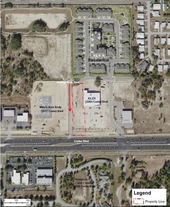 This 1.09 acre (47,914 SF) fully developed commercial pad site sits in a prime location adjacent an Aldi Grocery store on busy Cortez Boulevard (US-50 ) in rapidly expanding Brooksville. Zoned PDP (GC). The shared site already has 137 paved , shared parking spaces in place and all medians, common landscaping and lighting have already been installed. This is a rare "design and build" opportunity which drastically reduces the time and expense of planning, zoning, and developing virgin land. As a "Planned Development Project General Commercial" site, it allows for a variety of retail and professional office uses consistent with C1 Zoning and was rezoned under File H-13-03 in Hernando County approved a Master Plan revision.
Traffic count of 39,000 VPD on Cortez Blvd
* Disclaimer - All density and unit references are calculations based upon maximum allowable under future land use. Site Plans are subject to municipal approval for final development approvals. Maximum building footprint will be based upon intended use. Buyers are expected to do their own due diligence with Hernando County to determine the maximum allowable square footage and suitability for buyer's intended use.
Located in Brooksville at the intersection of Cortez Blvd (US-50) and Rollingbrook Drive and east of US-19, offering easy access to surrounding areas.