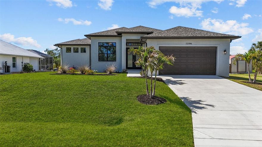 One or more photo(s) has been virtually staged. WATERFRONT NEW CONSTRUCTION in Gulf Cove – BOATING PARADISE WITH DIRECT ACCESS! Welcome to 12396 Bacchus, a stunning brand-new home offering 80 FEET OF CANAL FRONTAGE with quick access to the Myakka River and out to the Gulf of Mexico—perfect for boaters, anglers, and those seeking the ultimate Southwest Florida lifestyle.

This beautifully crafted residence features 4 BEDROOMS, 2 BATHROOMS, and a thoughtfully designed OPEN-CONCEPT FLOOR PLAN with HIGH CEILINGS and elegant CROWN MOULDING throughout. The spacious kitchen is a showstopper, complete with UPGRADED APPLIANCES, SOFT-CLOSE CABINETS, and seamless flow into the living and dining areas—ideal for entertaining. POCKET SLIDING DOORS open wide to bring the outdoors in, creating the perfect indoor-outdoor living experience.

The primary suite is your private retreat, featuring HIS & HER CLOSETS and a luxurious STEP-IN TWO-WAY SHOWER in the master bath. Step outside and enjoy your GUNITE BAJA STEP-IN SWIMMING POOL overlooking the canal—perfect for relaxing or hosting guests in true Florida style.

Built to 2025 CODE, this home offers modern construction standards and QUALIFIES FOR PRIVATE INSURANCE—providing peace of mind and long-term value.

Whether you're looking for a full-time residence, vacation home, or investment opportunity, this property checks every box. MAKE THIS DREAM WATERFRONT HOME YOURS TODAY—or take advantage of a flexible LEASE WITH OPTION TO BUY opportunity!