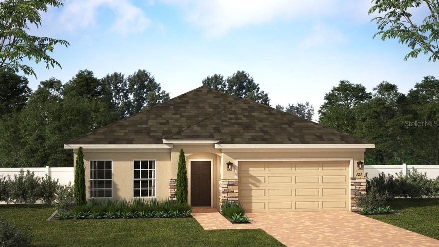 Under Construction. Welcome to our extraordinary Selby Flex plan, a beautifully designed 4-bedroom, 2-bath home with a 2-car garage, ideally located on a serene homesite with no rear neighbors. This open-concept layout features soaring 9'4" ceilings, a spacious Family Room that flows seamlessly to a covered Lanai—perfect for entertaining and enjoying the outdoors. The upgraded Kitchen boasts 42" upper cabinets with crown molding, quartz countertops, a stylish tile backsplash, a large center island, stainless steel appliances, and a walk-in corner pantry. Elegant tile flooring enhances the main living areas, while window blinds add a finishing touch throughout. The Primary Suite offers an ensuite bath with dual sinks in adult-height vanity, quartz countertops, walk-in shower with wall tile surround, and a generous walk-in closet. Curb appeal is complete with attractive landscaping, and a brick paver driveway and lead walk, making this home a true standout! Trinity Place offers amazing amenities including resort-style pool and cabana, a shaded tot lot for the little ones, and a dog park.  Community is conveniently located near Shopping and Dining, with easy access to major thoroughfares.