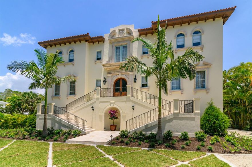 With the recent price reduction, this home is Siesta Keys best valued waterfront property on the market at 928 dollars a square foot. You cannot build at this price point on Siesta Key.
While evoking the vital spirit of that sundrenched region of Europe, the waterfront masterpiece Palladian Villa brings a taste of 17th century opulence to Siesta Key. Boasting 120 feet of waterfront, the sellers have just completed a $1.5 million dollar remodel on this custom-built Cocoanut Bayou home. The enviable location is protected by Roberts Bay providing direct access to the Intracoastal Waterway and the Gulf of Mexico. This private dream villa is nestled behind a double gate and features 8,571 square feet of living space with a covered terrace that expands the entire width of the home. The outdoors are an essential part of Florida living and this residence truly excels in offering a resort-like experience. You enter through custom doors into the grand foyer, then under the arched staircase into the grand salon with its 24-foot ceilings, Italian-inspired marble gas fireplace and stunning terrace views. The terrace and its lounge area along with the summer kitchen provide the perfect atmosphere for dining and entertaining. French doors open onto the terrace from every room on the east side of the home allowing you to flow freely from one room to another. Three 17th-century marble Italian-inspired gas fireplaces, hand-chiseled travertine flooring, deep crown molding, ornamental friezes and carved cornices embellish this home with its first-floor 12-foot ceilings. Four perfectly balanced en-suites feature a modern master bath and dual walk-in closets, two of which open onto the second-floor terrace with expansive bay views. The gourmet kitchen includes two Sub-Zero refrigerators, freezer drawers with ice makers, two Miele dishwashers, double Wolf ovens and warming drawers and a gas range with a custom faux-finished vented rangehood. The expansive kitchen seamlessly connects to the formal dining room with a sophisticated butler’s pantry. Custom cabinetry and accent lighting with granite counters and a 140-plus bottle Sub-Zero wine cooler are just a few of the luxuries to help keep your guests entertained. The large study and back hallway leading to the family room are the perfect spots to end your day. The newly landscaped yard and irrigation make this home easy to maintain and carefree. Take advantage of the full under-house garage, large enough for 12 cars or storage of your favorite toys. Garage access to the totally revamped custom elevator travels to all three floors of the home. A heated saltwater pool and spa surrounded by Malibu Marble with multiple entertainment areas, along with 120 feet of deep water with a concrete seawall and a composite wood dock, make this home the perfect Siesta Key residence. Sarasota arts, culture, and urban amenities are just a bridge away. Room Feature: Linen Closet In Bath (Bedroom 1). Room Feature: Linen Closet In Bath (Bedroom 2). Room Feature: Linen Closet In Bath (Bedroom 3).
