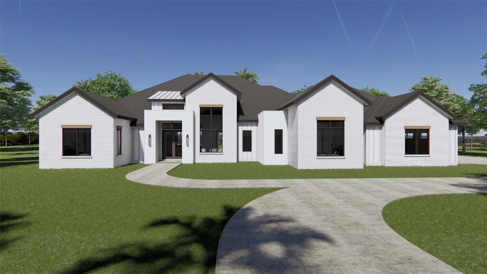 Pre-Construction. To be built. A grand circular driveway and a stunning custom designed classic and modern farm house exterior facade welcome you and your guests in style. Inside, expansive living areas flow seamlessly to the outdoors through walls of sliding glass doors, opening to a lanai and cabana. The custom-designed heated pool—complete with a sunshelf, clear panel screen enclosure and child / adult friendly basketball play area invites year-round enjoyment while showcasing views of the beautifully landscaped backyard. Cooler evenings are perfect by the cozy outdoor fireplace with decorative brick surround.
At the heart of the home, the gourmet kitchen and oversized dining area shine under a dramatic 14-foot vaulted ceiling with stained wood beams. Designed for both daily life and entertaining, the kitchen features commercial grade appliances including a 48” built in refrigerator with custom cabinet grade wood panels, double ovens, custom designed and cabinet grade wood venthood surround, quartz countertops, and a large seated bar. A separate prep kitchen and walk-in pantry with a second refrigerator and 2nd dishwasher provide added convenience for hosting.
The private den offers soaring 14-foot ceilings and floor-to-ceiling windows, while a pocket door reveals a built-in wet bar with seating, centered around a striking stone accent wall—easily accessible from all main living areas. The expansive bonus room provides the perfect retreat for movie nights, game time, or even a second office, all enhanced by natural light and views of the pool and outdoor living space.
Built with enduring quality and energy efficiency in mind, this home features post-tension slab construction, 2x6 framing, open cell spray foam insulation, Zip Wall sheathing, energy-efficient double-pane insulated Low E windows, and two gas tankless water heaters. A 1-year builder warranty is included, along with AR Homes' extended Service Credo coverage through year seven—offering lasting peace of mind.
