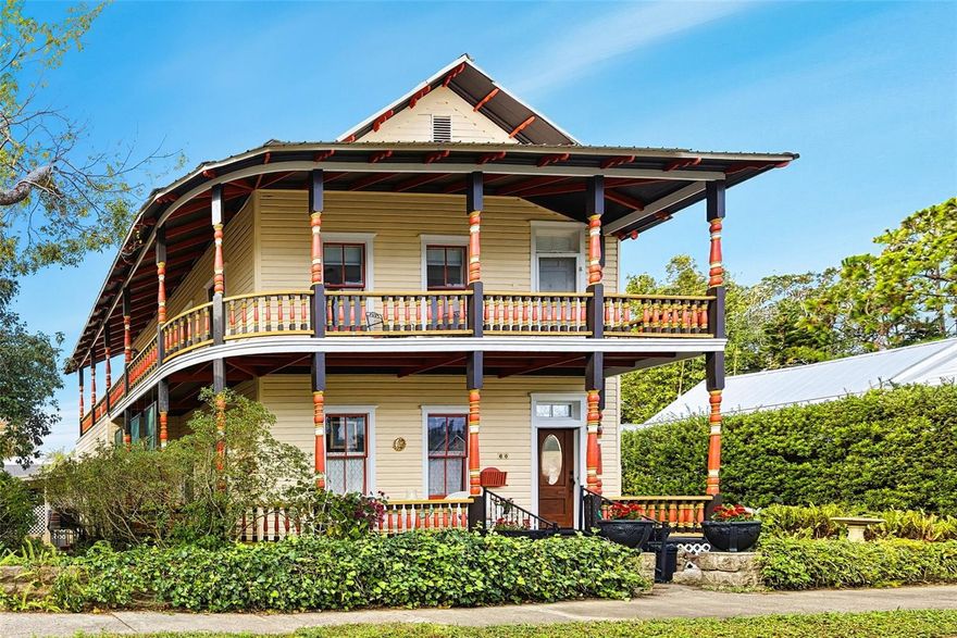 This stunning "Painted Lady" Victorian residence is ideally situated in historic St. Augustine, Florida. Surrounded by centuries of charm, the home sits just north of the renowned Castillo de San Marcos and one block south of the scenic Nombre de Dios Mission grounds. Only a block from Hospital Creek, you’ll enjoy easy access to a nearby kayak launch which opens to the Intracoastal.
From this prized address, you’re moments away from everything St. Augustine offers—acclaimed restaurants, boutique shops, art galleries, live music at the Plaza, First Friday Art Walks, and cultural events at Flagler College. The City Marina is also close by for picturesque tour boat rides, while a short drive takes you to the sandy shores of Vilano Beach or St. Augustine Beach.
The home itself has been thoughtfully and beautifully renovated by the current owners. Two homes in one! The first floor features a living room, dining area, kitchen, and two bedrooms, each with its own ensuite bath. Both levels are accessed from a spacious first-floor foyer with private access. The  beautiful staircase leads to the expansive second floor, which includes veranda access. The home features updated electrical systems, two new air conditioners with separate thermostats and newly replumbed. With 10' ceilings and hard wood floors. There is off-street parking for 3-4 cars plus a 900 square foot garage with workshop area. Check City of St. Augustine RS-2 Zoning for further usages. Short-term weekly rentals are allowed.