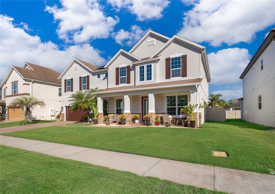 Experience luxury living in the sought after Fells Landing community of Lake Nona with this stunning 5-bedroom, 4-bath home featuring a private office and home theater. Meticulously maintained and thoughtfully upgraded, this residence offers the perfect blend of elegance, comfort, and modern efficiency. Recent enhancements include a 2021 PVC privacy fence, 2022 solar panel installation (leased and transferable), brand-new 2022 pool, and new appliances including washer and dryer. The home was freshly painted in 2023, with one of two A/C units replaced the same year for optimal comfort. In 2024, two 40-gallon water heaters were added, ensuring convenience for every household need. Inside, you’ll find an inviting open layout with high ceilings, abundant natural light, and refined finishes throughout. The gourmet kitchen is a chef’s delight, boasting stainless steel appliances, granite countertops, custom cabinetry, a center island with breakfast bar, and a walk-in pantry. The spacious primary suite offers a tranquil retreat with a spa-like bath featuring dual vanities, a soaking tub, and a large walk-in closet. Located in the heart of Lake Nona, Orlando, this exceptional property offers the ideal balance of modern sophistication and family-friendly living—just minutes from top schools, shopping, dining, and medical facilities.