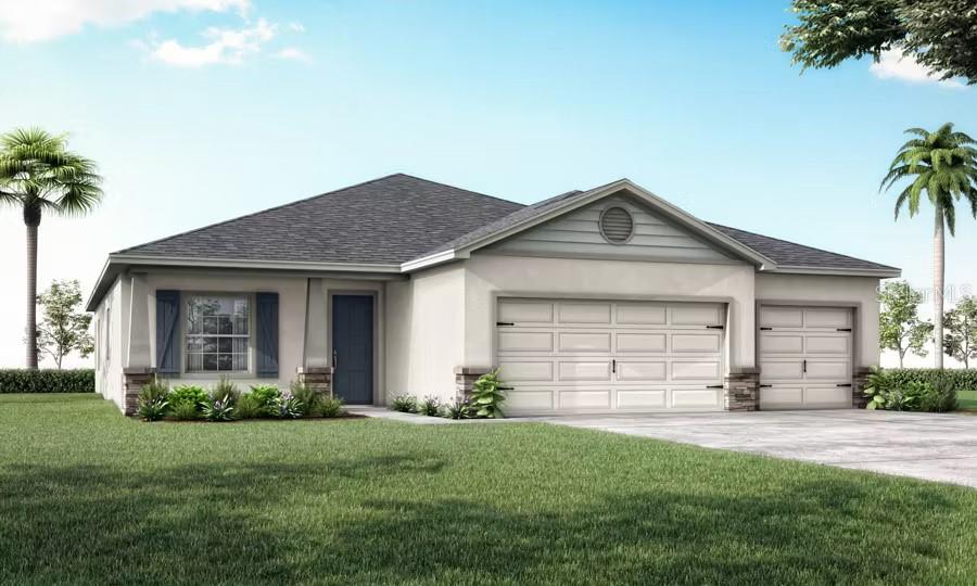 Under Construction. New construction home with 2356 square feet on one-story including 4 bedrooms, 2.5 baths, and an open living area. Enjoy an open kitchen with Cambria countertops, Samsung stainless steel appliances, a walk-in pantry, and a spacious counter height island, fully open to the dining café and gathering room. The living area, laundry room, and baths include luxury wood vinyl plank flooring, with stain-resistant carpet in the bedrooms. Your owner's suite is complete with a walk-in wardrobe and a private en-suite bath with dual vanities, a tiled shower, and a closeted toilet. Plus, enjoy a covered lanai, 3-car garage, custom-fit window blinds, architectural shingles, energy-efficient insulation and windows, and a full builder warranty. "Please note, virtual tour/photos showcases the home layout; colors and design options in actual home for sale may differ. Furnishings and décor do not convey.
