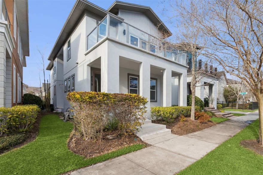 One or more photo(s) has been virtually staged. *** Freshly Painted, Light Filled Laureate Park Townhome***Welcome to 8579 Pinter Street in Laureate Park, a beautifully maintained 3 bedroom, 2.5 bath home with 1,862 square feet, located just ONE block from the heart of the community. Enjoy quick access to Canvas Restaurant, Foxtail Coffee, the Laureate Park Aquatic Center, basketball courts, and Laureate Park Fit, plus the convenience of street parking on both sides of the street. Inside, the home feels BRIGHT, airy, and MOVE-IN READY, with soaring ceilings, abundant natural light, and a freshly repainted interior. The first floor offers an open flow with a spacious kitchen, a dedicated breakfast nook, and a pantry, all opening into the main living room. You will also love the practical layout with a first floor powder bath, plus easy access to outdoor living from the main level. Outdoor living truly shines here with multiple inviting spaces, including a welcoming front porch, a covered patio, and a private courtyard style patio that is perfectly set up for relaxing and entertaining with café style string lighting. Upstairs, all bedrooms are thoughtfully located on the second floor along with a loft that overlooks the open to below living area, giving the home its light filled, soaring feel. One secondary bedroom features new luxury vinyl plank flooring and direct access to the second story balcony, the perfect place to unwind after a long day. The laundry room is also conveniently located upstairs near the bedrooms. The primary bath feels spa like with a double sink espresso vanity, bright solid surface counters, updated mirrors and lighting, and a large frameless glass walk in shower finished with neutral tile, a built in niche, and pebble stone flooring. If you are looking for a light filled home with standout indoor and outdoor living in one of Lake Nona’s most vibrant neighborhoods, 8579 Pinter Street is a must see.