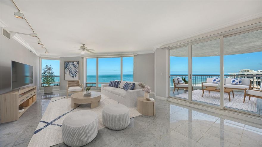 One or more photo(s) has been virtually staged. Prepare to be delighted by this ninth-floor corner residence at The Pierre, where panoramic views of the Gulf of Mexico, Sarasota Bay, and the vibrant downtown Sarasota skyline create an extraordinary coastal backdrop. Nestled within the exclusive, gated Longboat Key Club community, this exceptional home delivers the ultimate beachfront lifestyle, enhanced by wonderful amenities and a coveted island location. Spanning nearly 3,000 square feet of living space, this three-bedroom residence invites you to reimagine its interiors as your ideal coastal retreat. Floor-to-ceiling windows and glass sliders fill the home with natural light, framing mesmerizing views from every angle. The open-concept design flows seamlessly, with tile flooring connecting the spacious living and dining areas. A built-in wet bar adds a touch of convenience to the dining area, while three expansive terraces extend the living spaces outdoors, offering the perfect setting to marvel at sunsets over the Gulf. The kitchen, with an eat-in area, also opens to two terraces, blending practicality with scenic allure. The primary suite is a tranquil escape, accessed through an extended vestibule that creates an elegant welcome to his private sanctuary, featuring terrace access, two walk-in closets, plus additional storage, and dual en-suite bathrooms. A second guest suite provides ample accommodation for visitors, while the third bedroom suite can be set up as a cozy den with its custom built-ins. Practical touches include an interior laundry room, a balcony storage closet, a private storage unit, and extra-wide under-building parking. The Pierre’s community amenities cater to every aspect of the resort lifestyle. Residents enjoy access to a fitness center, tennis courts, clubhouse, and a sundeck with a heated pool and spas. A private boardwalk leads directly to deeded beach access, while overflow guest suites offer convenience for visitors. For those seeking even more indulgence, membership at the renowned Longboat Key Club is available separately, providing access to world-class golf, tennis, a Gulfside pool deck, spa services, fine dining, and marina facilities.