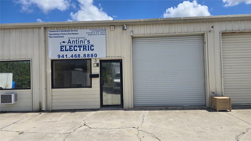 Position your business for success with this versatile industrial warehouse condo in the desirable Worth
Avenue Commercial Park. Offering 1,200 square feet of flexible space, this well-designed unit blends
functionality with professional office features, making it ideal for a variety of business uses.

Inside, the layout includes a storage area/warehouse, divided air conditioned area that can be used as
offices, conference rooms or any other configuration you need.

The building recently received a new metal roof in 2023, adding long-term value and peace of mind. Located
in the heart of Englewood’s commercial corridor, the property offers quick access to Winchester Boulevard,
Placida Road, SR-776, CR-775, and US-41, making it convenient for employees, clients, and deliveries alike