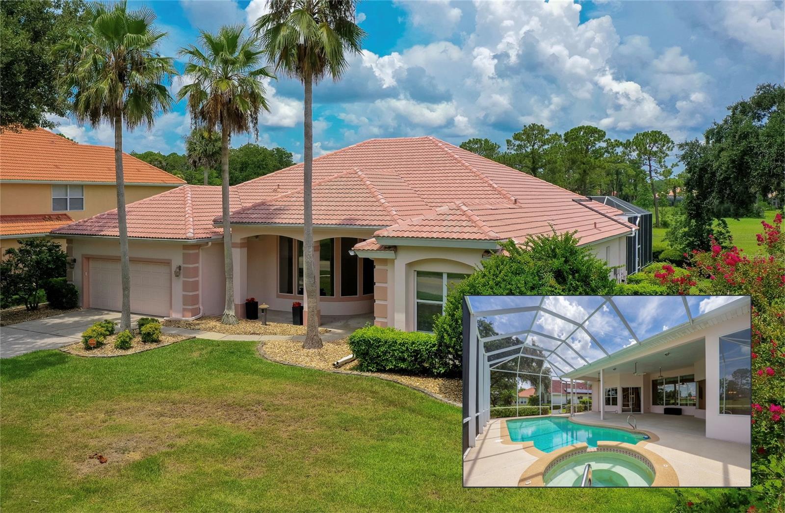 This beautifully maintained 4-bedroom, 3-bathroom pool home on the golf course in the sought-after gated community of Pelican Bay offers 2,631 square feet of comfortable living space with a functional split floor plan designed for both relaxation and entertaining. A welcoming covered entry framed by tropical landscaping opens into a bright foyer with transom windows, leading to a spacious living area with high ceilings and seamless access to the screened lanai. The kitchen features Corian countertops, pull-out shelving, a center island, and an adjacent sunlit breakfast nook overlooking the sparkling pool. Multiple living and dining spaces create an effortless flow, while the expansive primary suite offers direct pool access, double sink vanity, a soaking tub, and a walk-in shower for a spa-like retreat. Three additional bedrooms offer flexibility for family, guests, or a home office. The outdoor living space is equally inviting, with a resurfaced pool deck, new screened enclosure, expansive covered deck area, and solar-heated pool, all overlooking the serene golf course views. Upgrades include two high-efficiency HVAC systems (2025) with a 10-year warranty, a whole-house surge protector, solar water heater, water softener system, and a Vivint security system. Additional highlights include new light fixtures in all bedrooms, 2 Murphy beds, and a termite bond. A two-car garage and beautifully landscaped lot complete this exceptional property. Residents enjoy the security of a gated community with easy access to I-95 and I-4, Embry-Riddle Aeronautical University, Daytona International Speedway, One Daytona, Tanger Outlets, Daytona Beach International Airport, the "World's Most Famous Beach" and an array of dining, shopping, and entertainment options. All information recorded in the MLS is intended to be accurate but cannot be guaranteed.