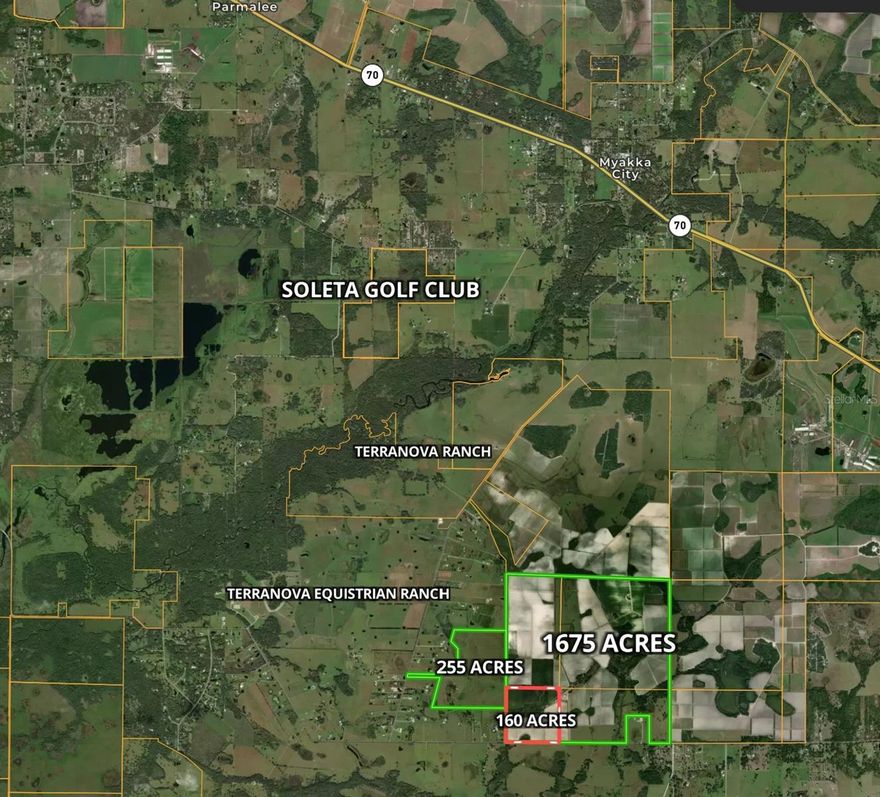 Introducing a rare and expansive 255 tracts opportunity situated just two miles south of Myakka City and adjacent to the iconic Terranova Equestrian Ranch.


The land is subdivided into  255 acre parcels. The buyer can configure their land purchase depending on the land


Prime 1,675-Acre Luxury Development Opportunity Adjacent to Terranova Equestrian Ranch


Property Overview

Introducing a rare and expansive 1,675-acre development opportunity situated just two miles south of Myakka City and adjacent to the iconic Terranova Equestrian Ranch. This exceptional tract of land is perfectly positioned west of Myakka City and east of Sarasota, providing an ideal setting for a world-class luxury community. The property boasts over one mile of frontage on scenic Clay Gully Road, with additional access from MJ Road, ensuring ease of entry and outstanding visibility.

Key Features

Location: West of Myakka City, east of Sarasota, 2 miles south of Myakka City center

Size: 1,675 acres of prime, contiguous land

Proximity: Adjacent to the renowned Terranova Ranch Luxury Equestrian Estate; only 4 miles east of Soleta Golf Club

Zoning: AG-5 zoning allows for 5-acre homesites, supporting one luxury dwelling lot

Development Potential: Approved for up to 335 ranchette homes, each on a spacious 5-acre lot

Projected Home Values: Comparable properties in the area are listed for $1.5M to $10M; new homes can sell in the $1.5M to $2.5M range

Access: Over one mile of paved road frontage on Clay Gully Road plus access from MJ Road

Unmatched Development Potential

This one-of-a-kind property offers an unparalleled opportunity for developers and builders seeking to create an exclusive luxury community reminiscent of Soleta Golf Club or Terranova Ranch. With 335 potential lots, the site is perfectly suited for large estate homes, equestrian facilities, and high-end amenities. The generous zoning and lot sizes make this an ideal canvas for those looking to build a legacy neighborhood or private enclave for discerning buyers.

Strategic Location

Nestled in the heart of Floridas most desirable equestrian and luxury residential corridor, this property is surrounded by multi-million dollar estates and world-class country clubs. Residents will enjoy the tranquility of rural living with the convenience of nearby Sarasotas vibrant dining, shopping, and entertainment options.

Development Options

The seller invites qualified builders, investors, and developers to consider flexible acquisition options, such as:

Outright sale of the 1,675-acre property

Sufficient time for paper lot approvals

The seller will also allow ample time for entitlements, including cluster-planned luxury development and community improvements.

Ideal Uses

Luxury equestrian estates

Private gated ranchette communities

Country club-style developments

High-end rural residential enclaves