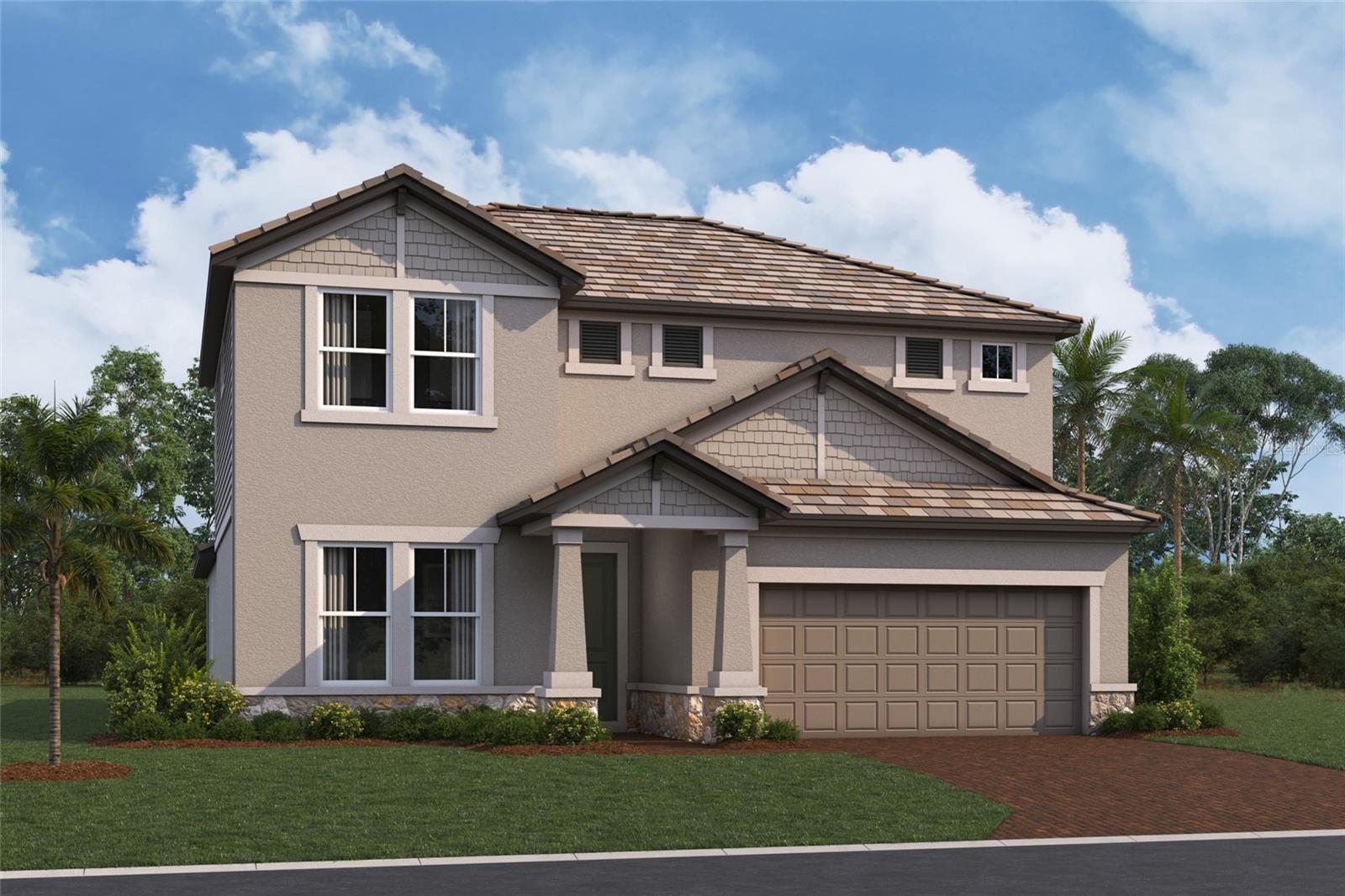 Under Construction. ****SPECIAL FINANCING AVAILABLE FOR A LIMITED TIME ONLY FROM PREFERRED LENDER. RESTRICTIONS APPLY, FOR QUALIFIED BUYERS, SUBJECT TO APPLICABLE TERMS AND CONDITIONS. SUBJECT TO CHANGE WITHOUT NOTICE**** MODEL NOW OPEN!!
This well-appointed two-story home offers four bedrooms, two and a half bathrooms, and a two-car garage, spanning 2,851 square feet of living space.
The first floor is designed for convenience and comfort, featuring an open-concept layout that seamlessly blends the kitchen, dining area, and great room. The kitchen includes a walk-in pantry and plenty of counter space.
The great room and dining area open to a covered lanai, perfect for relaxing or entertaining outdoors.
The owner's suite is also located on the main level, offering a peaceful retreat with dual walk-in closets and a spa-inspired owner's bath with dual sinks and a separate shower.
The first floor also includes a den near the entry—ideal for an office or hobby space—and a laundry room.
Upstairs, the second floor features three secondary bedrooms, each with its own walk-in closet, and a shared full bath. A spacious loft serves as a versatile space, perfect for a game room, media area, or additional living space.
With ample storage, thoughtful details, and plenty of space for both relaxation and entertaining, this home is perfect for those seeking a balance of style and functionality.
