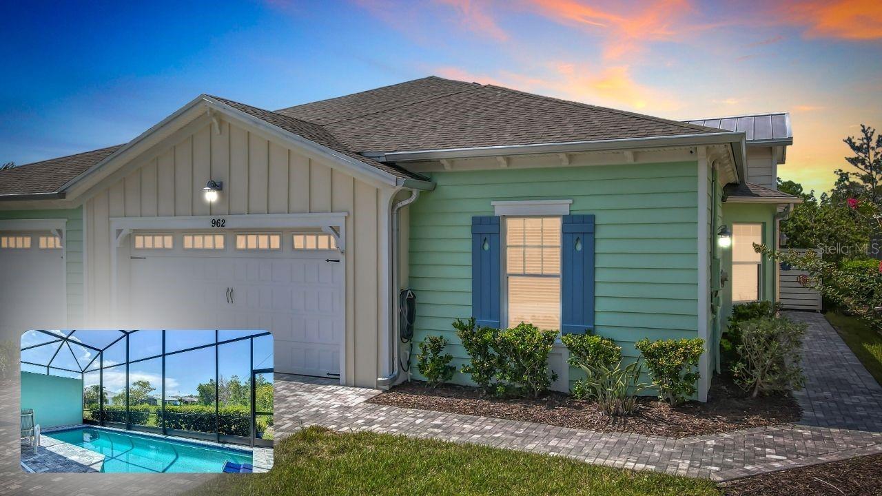 One or more photo(s) has been virtually staged. Near a quiet cul-de-sac in the 55+ paradise of Latitude Margaritaville, this beautiful Lucia Villa is the ultimate retreat. Step out back to your PRIVATE SCREENED IN POOL with a nature preserve view—and enjoy the built-in FastLane by Endless Pools system for swimming, exercise, or just a refreshing soak. Inside, you'll love the bright, open feel with upgraded tile throughout, crown molding, and custom window treatments. The kitchen shines with 42'' cabinets, granite counters, stainless appliances, and a stylish dry bar with wine fridge. Smart home features controlled by an app, a whole-house water system, and the Lucia-exclusive extended GARAGE FEATURES a BAY at nearly 26' DEEP-perfect for a large truck, golf cart or extra storage. This home is loaded with both builder and after-market upgrades—come live where every day feels like vacation!
Garage storage and shelving excluded from sale. Some Photos are Virtually Staged. All information is deemed to be accurate but not guaranteed