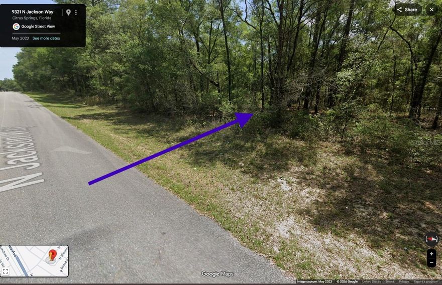 Vacant residential lot at 9321 N Jackson Way, Citrus Springs, FL 34434 (Citrus County). Public (city/county) water service may be in the area, but as of today, this homesite should be treated as requiring a private well (and buyer to verify any public water availability, connection requirements, and fees with the utility provider).
Bonus: The adjacent lot is also available for purchase—opportunity to acquire side-by-side parcels S5144760.
Buyer to perform all due diligence, including zoning, setbacks, utilities/availability, flood information, and any applicable deed restrictions prior to closing.

(For verification, Citrus County’s GIS Address Lookup is the county’s recommended starting point for utility provider info.)