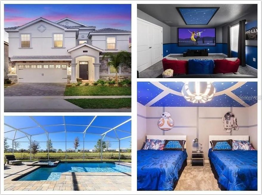 Vacation Rental in Champions Gate Golf Resort!
Enjoy resort-style living in one of Florida’s top golf communities. This beautifully furnished 8-bedroom, 5-bath home was professionally decorated and comes with a game room, private movie theater, and a heated pool and spa—plus no rear neighbors for extra privacy.

Champions Gate offers 24-hour gated security and world-class amenities including a lazy river, water slides, swim-up bar, spa, splash zone, restaurant grill, fitness center, movie theater, game room, tiki bar, cabanas, and sand volleyball and tennis courts.

Conveniently located just minutes from I-4, you’re about 18 minutes from Disney, Universal Studios, and Disney Springs, and only a short drive to downtown Champions Gate for golf, tennis, dining, and shopping. Perfect for family vacations or group getaways!