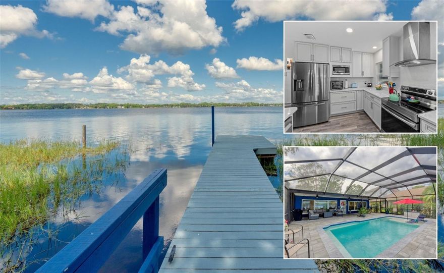 Rare find on Lake Tarpon—completely renovated waterfront retreat, move-in ready with nothing left to do. Transformed in 2021 with new roof, HVAC, electrical panel, full kitchen and bath remodels, luxury vinyl flooring, and fresh paint throughout. Hurricane-impact windows (2022, transferable warranty) and heated saltwater pool with screen enclosure add security and resort-style living. Custom cabinetry, quartz counters, stainless appliances, and modern finishes throughout. Open floor plan with walls of glass framing stunning pool and lake views. Two bedrooms plus flex office/living space. Private dock with direct access to 2,500+ acres—no bridges, no boating restrictions. Managed lake levels mean no flood insurance required. No HOA, no CDD. Minutes to Sponge Docks, Fred Howard Park beaches, Pinellas Trail, shopping, dining, and medical facilities. Turnkey Lake Tarpon waterfront of this caliber rarely hits the market. This is the one.