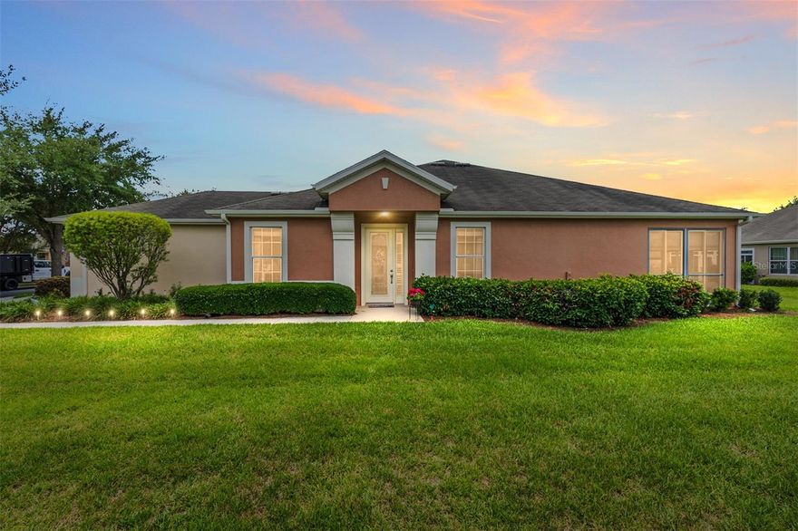 Carefree, resort-style living comes naturally in this beautifully upgraded and maintenance-free Augustus villa, perfectly set within the gated 55+ Stone Creek Golf Course Community. Even better, it includes its own golf cart, so you can settle in and start enjoying the lifestyle from day one. A bevelled glass front door with sidelight welcomes you into a custom tiled foyer with listello inlay that opens to the home’s open and airy layout. This spacious split-plan design features a versatile flex room with French doors and a large, enclosed Florida room, creating a bright, inviting space with peaceful outdoor views and sunshades for added privacy, ideal for relaxing or entertaining. The generous gathering room offers low-maintenance tile flooring and two sets of wide glass sliders that seamlessly connect to the Florida room. The kitchen provides solid wood cabinetry, abundant storage, and an island overlooking the main living area, keeping everything open and connected. The owner’s suite is a quiet retreat with a large en suite bath featuring a double-sink vanity, a step-in shower, and a walk-in closet. A two-car garage, a whole-home water softener system, and a full-sized interior laundry room, complete with laundry tub and storage cabinets, add everyday convenience. And the best part of it all is that your HOA covers exterior maintenance, including the roof and landscaping, allowing you more time to embrace the exceptional lifestyle of this vibrant community, featuring a 24/7 staffed gated entrance for security and peace of mind. Luxury-inspired amenities include heated pools, a state-of-the-art fitness center, a spa, and relaxing hot tubs and saunas. Stay active with pickleball, bocce, tennis, and a softball field, while a dedicated lifestyle staff curates entertainment, activities, and special events to foster connections. Just beyond the gates, enjoy a golf course, pro shop, and restaurant—perfect for socializing and unwinding. Make your move today and experience resort-style living at its finest!