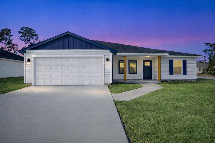 Under Construction. Under Construction! Country living at its finest! Enjoy peaceful farmhouse-inspired living in this beautifully crafted new construction featuring 3 bedrooms, 2 bathrooms, and 1,576 sq ft of thoughtfully designed space. Nestled for privacy and tranquility, this home blends modern comfort with timeless charm. A welcoming front porch with a finished wood ceiling sets the tone for relaxed living. Inside, the open-concept layout showcases luxury waterproof vinyl flooring throughout, and a spacious kitchen centered around a stunning 9-foot island — designed for gathering, entertaining, and everyday living. Quartz countertops, solid-wood soft-close cabinetry, stainless-steel appliances (including a dishwasher), and stylish pendant lighting complete the heart of the home. The spacious primary suite offers an expansive 18x15 layout with private access to the rear patio and a spa-inspired bath featuring dual vanities and a rainfall shower. Two additional 13x11 bedrooms provide flexibility for family, guests, or a home office. Includes a limited Builder Warranty valid for one year from the issuance of the Certificate of Occupancy. Colors, finishes, appliances. Estimated completion dates are subject to change due to unforeseen circumstances.