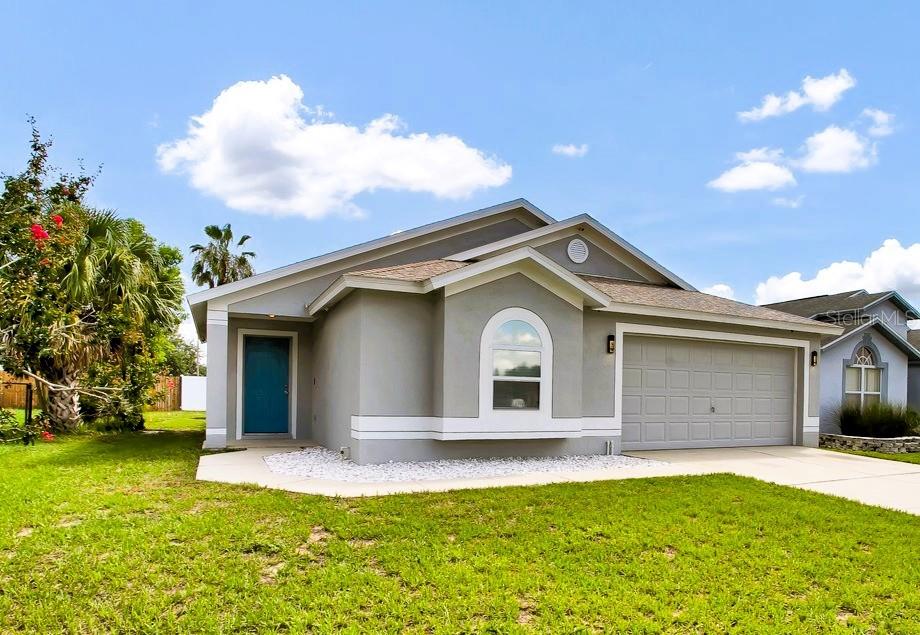 Check out this charming home in beautiful Brentwood Hills! NO CDD and Very LOW HOA! The new owners will have access to a decked out Swim & Tennis Center just around the corner from this meticulously maintained 3-bedroom, 2-bathroom home. Nestled in a quiet cul-de-sac on a 5,661 square foot lot, this delightful home is freshly painted inside & out and provides the comfort of spacious living with open concept living/dining with access to their large private backyard. The kitchen and main living areas are tile and laminate while the bedrooms have well-cared for carpet and all have walk-in closets! The primary bedroom features vaulted ceilings and an impressive en-suite bath with double sink vanity and 2 walk-in closets! The kitchen shines with new shaker cabinets and counters and a large window seat that truly makes it the hub of the home. There are hurricane shields for the windows and the roof was updated in 2020, adding peace of mind to your investment and roof comes with a transferable lifetime warranty. With ample space both inside and out, this home is a fantastic opportunity for comfortable and secure living. Schedule a showing today and don't miss a visit to the amenity center to view the pool, splash pool, dog park, grill area and playground! This community really has it all and has all your favorite shopping within minutes!