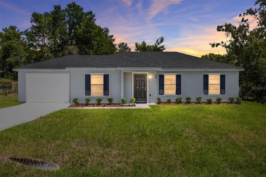 NEW, NEW, NEW! New Construction! New ENHANCED FLOOR PLAN! New REIMAGINED FEATURES! This home blends a timeless design with modern living. From the moment you walk through the front door you will feel the openness with the cathedral ceiling in the foyer, living room, and dining room! Durable ceramic tile flooring flows seamlessly throughout the home. The kitchen boasts stainless steel appliances, sleek quartz countertops, ample cabinetry, breakfast bar and a spacious pantry. Do laundry with ease in the air-conditioned laundry room. The bedrooms have all been expanded to maximize living space. An impressive, attached garage provides convenience and ample storage. This home rests on just under a 1/4 acre lot ~ enough room for the family & pets to play, but not too much yard work. Silver Springs Shores offers easy access to restaurants, shops, healthcare facilities, art galleries and local events, plus outdoor recreation opportunities like parks, lakes, biking, swimming, hiking, kayaking and much more. The Builder is including a 1 year full warranty and a 2-10 home warranty! Any dimensions listed are approximate. Photos/Virtual Tour are to show interior and exterior colors and finishes and may or may not be of this actual listing. Garage orientation and floor plan may vary for actual home. BUILDER WILL PAY UP TO $4000.00 TOWARDS BUYERS CLOSING COSTS WITH FULL PRICE OFFER!