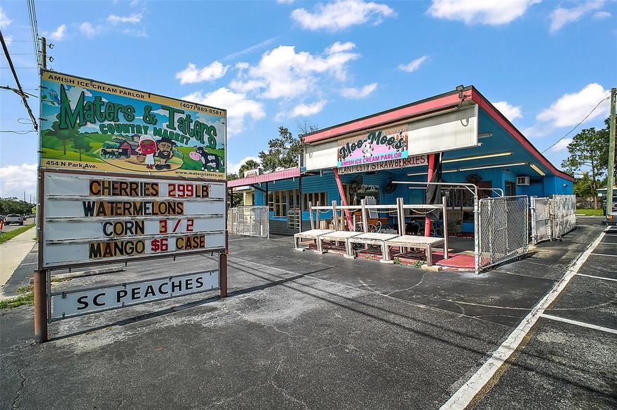 Inside Apopka city limits on the Park Ave corridor, 454 Park Ave is a high-visibility retail site long recognized locally as “Maters & Taters Market & Creamery.” Zoned Community Commercial (C-C), the property supports a wide mix of neighborhood-serving uses—retail/market, café/restaurant, specialty food, personal services, office/medical, and boutique concepts (buyer to verify). Prime Park Avenue frontage delivers strong daily traffic, easy ingress/egress, and on-site parking. Minutes to US-441, SR-429/Wekiva Pkwy, and SR-414, the location bridges established neighborhoods and major corridors—keeping you close to Mount Dora and just northwest of Orlando. Apopka’s rapid growth continues to fuel demand for everyday services and dining.

Assemblage option: Combine 454 Park Ave with the adjacent 452 & 438 Park Ave to create a larger multi-parcel footprint with more frontage, shared parking, and improved circulation—ideal for re-use of existing improvements or pursuing new vertical development (subject to City approvals; buyer to verify acreage via survey/OCPA). Buyer to verify all measurements, utilities, access, impact fees, and permitted uses with the City of Apopka.
Existing improvements allow you to operate quickly, expand the current concept, or reimagine the site to fit your brand. Strong signage opportunities and optional outdoor activation create a standout customer experience.