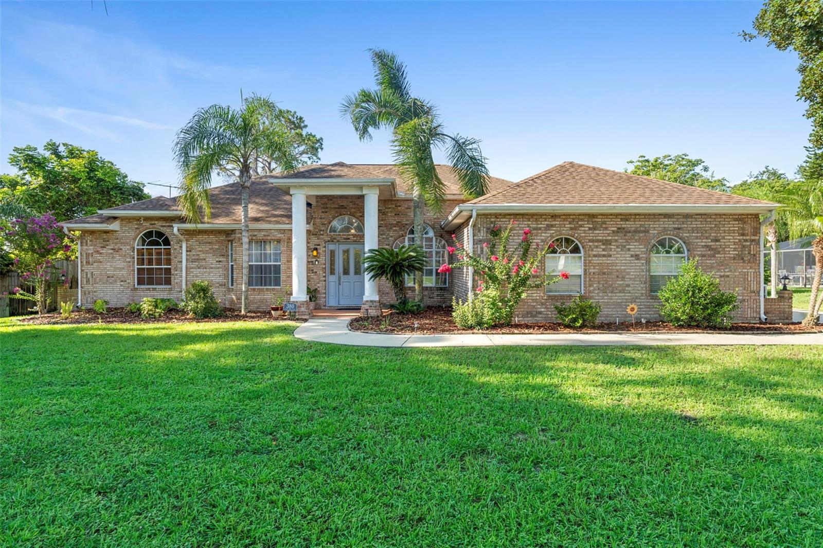 Wow Gorgeous Pool Home On The Golf Course! Located in Glen Abbey in DeBary BUT No HOA! Quality Built Brick Home on almost a half acre lot. Impressive entrance with columns on the front porch going into large foyer. Formal Living and Dinning rooms huge Family room with lots decorative windows and 2 sets of French doors all opening up to beautiful Pool and Golf Course View! Large kitchen with lots of cabinets with granite counter tops with eat in area on back. Covered truss porch 29 x 11 all screened in with the screened in pool 29.9 x 24. Primary Bedroom has decorative sunburst window with tray ceilings walk in closet plus separate closet and linen closet off bath are 2 separate vanities , large tub, walk in shower with Pool entrance,, Bonus Guest bath also has door going to the pool! Next door is a conservation Area no neighbors on left side more privacy. Inside laundry room with tub and built in ironing board. Oversized 2 Car Garage 23 x 24 with side entrance and long drive way! Lots of upgraded lighting and ceiling fans through with shelving , tray ceilings! HVAC 6/2023 , up dating flooring in common areas 2022, Appliances 2021, Screen Enclosure 2022 , Roof replaced 2017.