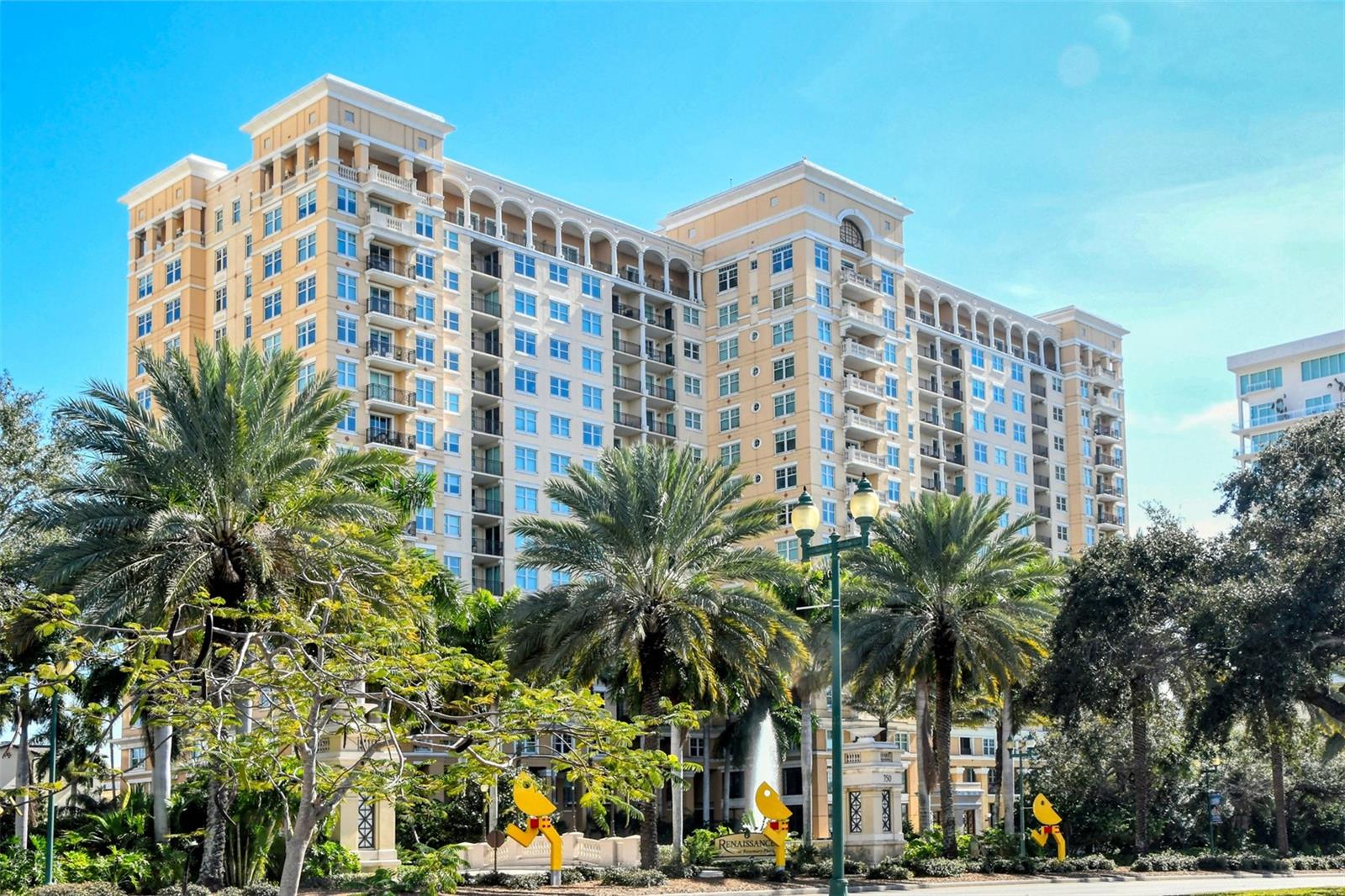 TALK ABOUT LOCATION!! Lovely Sarasota condo for rent in the desired community of the Renaissance. This neat as a pin one bedroom, one bathroom unit has a living room/dining room combination, extra wide galley kitchen, lots of storage space and a full sized washer/dryer. The kitchen has stainless appliances, quartz countertops, closet pantry, a pass through to the dining room and plenty of counter and cabinet space. The primary bedroom has a queen sized bed, walk in closet and an on suite bathroom with a garden tub/shower combination. The condo has carpet in the bedroom and tile through the rest. Three Juliet balconies allow for exterior views of a fountain and lake. One assigned spot in the parking garage. Building amenities include: heated pool, hot tub, fitness center with saunas in the locker rooms, theater, barbeque area and community rooms for use including a large room with card tables and fully equipped kitchen. Private exercise room and massage rooms also available for use. The Renaissance is located close to downtown Sarasota, St. Armand's Circle, Lido Key, restaurants, shopping, coffee shops, grocery stores and much more.