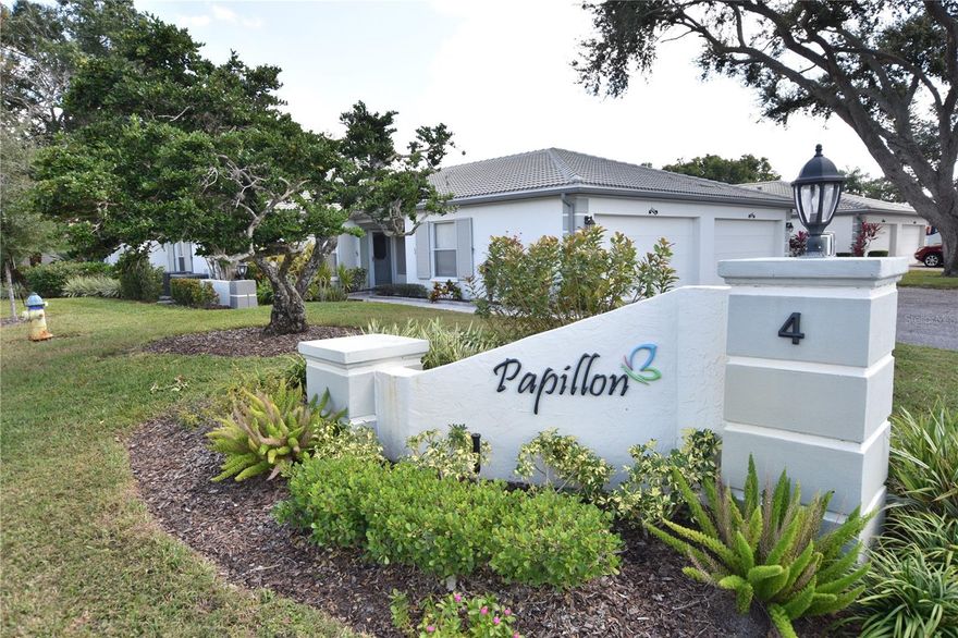 Villa unit in beautiful and convenient section within The Meadows.  Very close to  the Meadows shopping village with the new sweet treat ice cream shoppe, a new Indian cuisine restaurant and the famous Mona Lisa Italian restaurant. You can literally walk over for an evening out.  You are just a mile away from UTC with the newest in shopping, dining and entertainment venues, including the newly opened Mote Marine Aquarium.  
Needs some updating but otherwise very nice 2 bedroom/2 bath in Villas of Papillon featuring the most unique community pool setting in the area.  Accessed by little bridge the pool is located on a little island in the lake.
Possessions will be removed prior to closing or can be left.