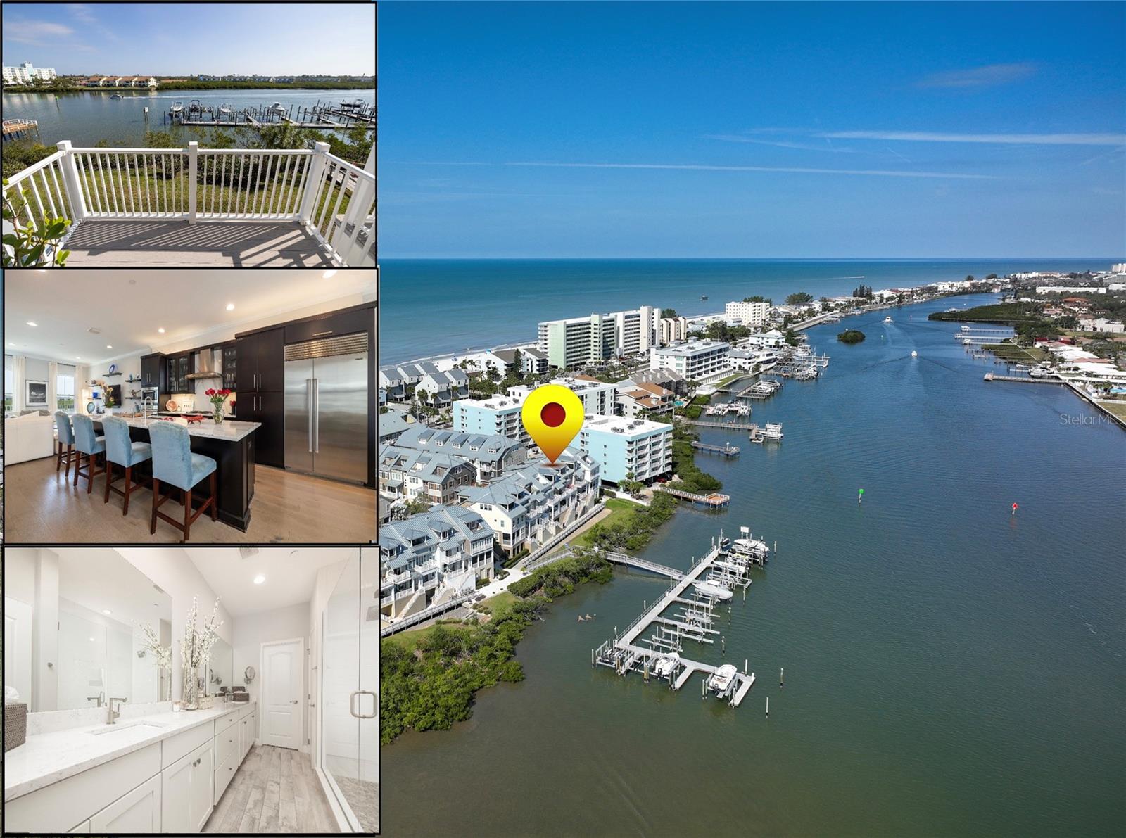 WEEKEND SPECIAL PRICE!!!! THIS WEEKEND ONLY! $1,299,999!!!! Your dream come true — all the joy and ease of beach living with the safety and security of newer construction. Located steps from the sand, with shimmering water views, this stunning home held up extremely well, as it was built to, in Hurricane Helene and Milton!
A bright and beautiful living area invites you into the home, featuring crown moulding and high ceilings. The spacious kitchen overlooks the living and dining rooms, providing ample space for large gatherings. It is the heart of the second story, boasting a Sub-Zero Refrigerator, and premium Wolf range, oven, and microwave. This "social" level also includes a separate half-bathroom designated for guests. An extended kitchen with custom cabinetry and high-end fixtures, including a sink “hot shot” which offers instant boiling water, has all the extra storage that we always wish we had! Gorgeous views pour in from the balconies on each floor, all providing un-obscured views up and down the Intracoastal Waterways. Moving upstairs, you'll find the primary bedroom and its large, en-suite primary bathroom. There are two generous walk-in closets — one is currently being used as an office space, stretching 7 ft by 5 ft. The other walk-in closet is even larger, 8.5 ft by 4.5 ft! The primary bathroom features dual-sinks and an oversized shower. The third-level balcony is accessed from the primary bedroom, providing the promise of natural light to pour in each day. Down the hall, you'll find the second bedroom, also with its own en-suite bathroom. There are built-in shelves that provide an abundance of storage for books, games, knick-knacks, whatever your heart desires! The closets in both bedrooms also offer custom built-in shelving and drawers. A large hallway linen closet and the tidy laundry room are in the perfect location on the third floor to make the task of laundry as simple as can be! One more level up, you'll find the third bedroom — or office, library, workout room, you name it! This room can be used in so many ways! Need an in-home office that feels separate from home? Save your work for the upstairs level and leave it behind when you go downstairs! Need a quiet retreat to gather your thoughts? This level houses the most private balcony in the entire home. With expansive space and its own en-suite bathroom, you can transform this level into whatever you need it to be! There are luxury hardwood floors throughout, wood-look ceramic tile in the bathrooms and laundry room, as well as tastefully painted hardwood staircases. The newly-painted large garage is big enough to comfortably house three vehicles, while still leaving plenty of room for storage. A brand-new water-softener and whole-house filtration system was just installed. There are 2 years left on the HVAC warranty, and the unit just had a new coil installed. Every floor is accessible from a built-in elevator, so mobility is never an issue. With breath-taking, 180-degree views of the Intracoastal Waterways, the opportunity to purchase a private boat slip, and a walk across the street to the sugar sand beaches of the idyllic Indian Shores community, this home offers what Florida-living is all about!