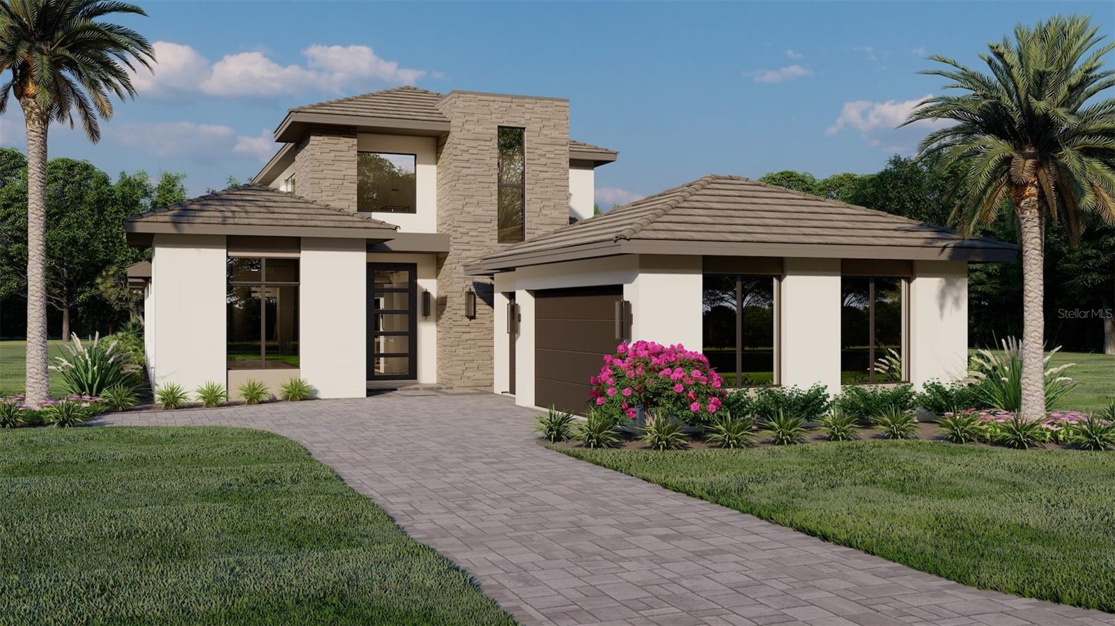 Introducing the exquisite custom Costa Rio, a masterpiece of modern living available in Messina at Miromar Lakes. 3,523 SQ FT. of Living area. Boasting three bedrooms, three and a half bathrooms, a Covered Balcony, a Lanai, the expansive great room and den, plus a bonus room, provides versatile areas for relaxation and entertainment. At the same time, the three-car garage ensures convenience and ample storage. A dramatic transitional-style front elevation, adorned with stone veneer, sets a captivating tone, inviting guests into a world of luxury. What truly sets this home apart is its innovative design, featuring an abundance of glass to flood every corner with natural light, enhancing both the ambiance and the home's unique curb appeal.