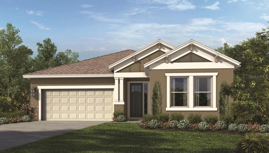 Under Construction. MLS#T3479739 REPRESENTATIVE PHOTOS ADDED November completion. The Antigua at Eaves Bend features 4 bedrooms, 3 bathrooms, flex spaces, and an open concept kitchen with butler’s pantry. Kitchen, dining and gathering room are connected for easy entertaining.  Sliding glass doors open to the lanai.  Retreat to the owner’s suite with garden tub and an oversized shower with frameless glass enclosure. A huge owner’s closet leads directly to the laundry room for ultimate convenience! Upgraded finishes include crown modeling, rotunda detail with lighting, upgraded tile and counter tops, and personalized home technology. Design upgrades feature kitchen undermount apron sink, keypad for garage door, and all appliances included. Structural options added include: Gourmet kitchen, pocket sliding glass door, 8-foot interior doors, 8' door from primary closet to laundry, and outdoor kitchen rough-in.