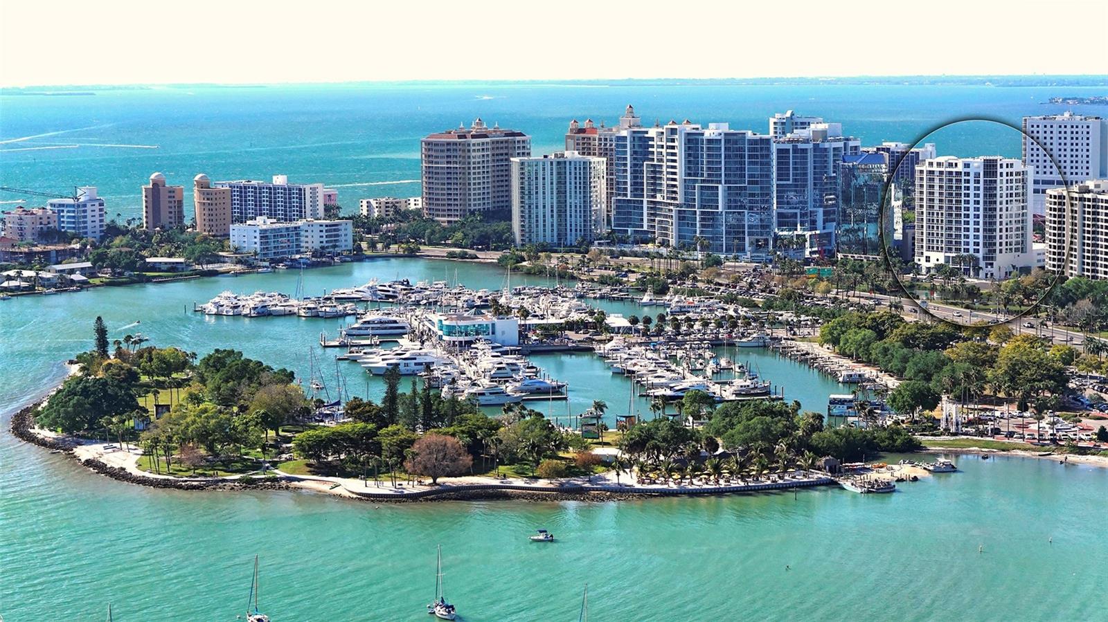NEW PRICE and NEWLY PAINTED!! MAGNIFICENT MARINA VIEWS!!! This fabulously situated, spacious, luxurious downtown condominium is a rare find. Located at coveted southern end of Marina Tower for its many windows offering natural light & its multiple balconies and stunning panoramic views of the marina, Sarasota Bay and even the Gulf of Mexico. This spacious 3 bedroom 3 1/2 bath condominium boasts three terraces, and is walking distance to the best restaurants & shops downtown. The generously sized living space offers views from every seat. Meticulously maintained, the upgrades include: 2007 new porcelain tile flooring; 2012 new carpet in bedrooms; 2014 Remodeled Kitchen with neutral stone countertops backsplash, beautiful wood cabinetry and all new appliances including Sub Zero frig, wine frig, Bosch dishwasher and GAS range; 2016 - new dining lighting; 2018 new water heater; 2019 new washer Dryer; 2021 new microwave; 2021 New A/C; 2021 Completely remodeled Master Bathroom w/ dual vanity and lighted mirrors, upgraded tile and stone walk-in shower, Toto w/ remote toilet/bidet. Marina Tower is known for its quality management, that pays attention to the details. There's a highly skilled executive manager and 24-hour front desk personnel. They can monitor your condo while you're out of town and will assist with unloading residents’ cars from the private, monitored garage. Two deeded parking spaces are included. Owners’ guests may stay in a private suite. The main floor also includes a newly luxury-designed entertainment space perfect for card games, meeting space, super bowl parties or more. At lobby level there's a covered pool, spa & fitness room, or St Armand's Circle and Lido Beach are just 2.5 miles nearby. Room Feature: Linen Closet In Bath (Primary Bedroom).