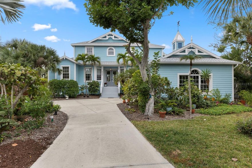 Fantastic opportunity to own a unique home on Palm Island, in this exceptional Siesta Key residence, ideally located at 5334 Calle Florida. Situated on a large lot and elevated approximately 10 feet above sea level, the main home has never flooded during any storms, offering peace of mind along with island luxury. This 4-bedroom, 3-bathroom home features 2,838 square feet of thoughtfully designed living space highlighted by a dramatic great room with soaring 20-foot ceilings, creating an open and airy coastal feel. The large primary suite has a custom built window seat, 2 walk in closets and an oversized primary bathroom. The entire home features built in speakers, including the back porch. Designed for comfort and efficiency, the home is equipped with a three-zone air conditioning system and hurricane-rated Kevlar screens, hurricane rated garage and front door for added protection. The spacious two-car garage provides ample storage, perfect for island living. The exterior is landscaped with outdoor lights and power in soffits for seasonal or all year round lighting. Outdoor living is elevated—literally—with an elevated, heated pool and hot tub, an outdoor shower, and plenty of space to relax or entertain in true Florida style. Located on Palm Island, just moments from the world-renowned Siesta Key Beach, this property offers the perfect blend of privacy, elevation, and coastal charm. Whether as a primary residence or luxury retreat, this home is a rare opportunity to own a high-and-dry island property in one of Sarasota’s most sought-after neighborhoods.
Roof replaced 2021, Pool resurfaced 2024, Pool cage repainted and rescreened 2025, Water heater 2025. Unique Architectural Details ***  Custom Built *** Oversized Primary Suite *** Soaring Ceilings *** Open Concept *** Elevated Key West Style *** Screened Lanai