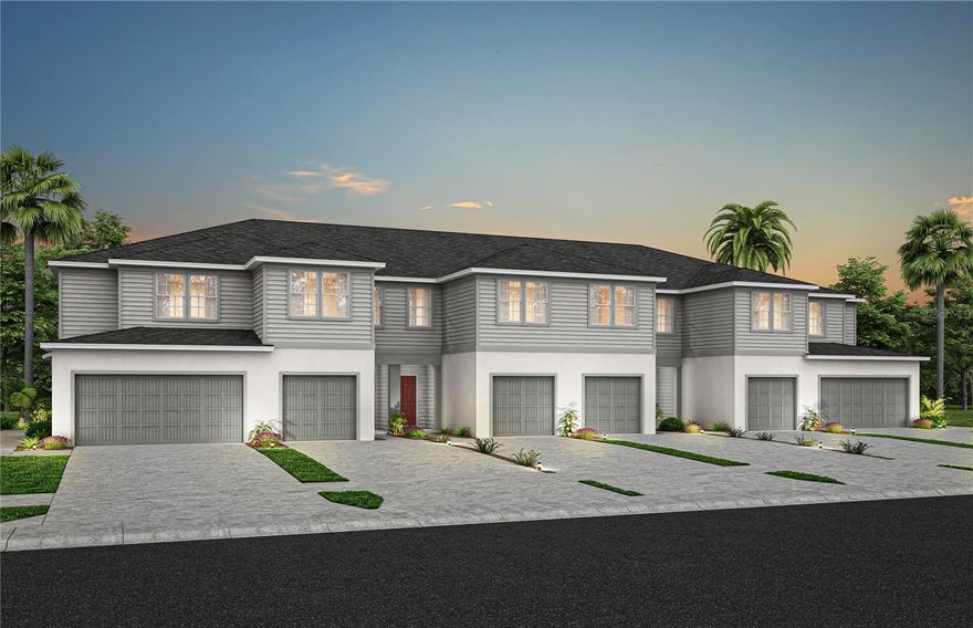 Under Construction. Welcome to Harbor Square! This charming neighborhood showcases spacious new construction townhomes nestled in the heart of Palm Bay in Melbourne, FL. With upscale finishes, integrated smart home technology, and on-site amenities. Plus, they're conveniently located within easy access from I-95 and minutes to the beautiful Atlantic Beaches.
This gorgeous end unit Marigold two-story townhome features 3 bedrooms, 2 full bathrooms, a powder room, and a two-car garage. The spacious first floor is ideal for entertaining, featuring a powder room, open concept gathering room, café, and kitchen. The kitchen is equipped with a pantry, bright white cabinetry, decorative tile backsplash, quartz countertops, and beautiful wood-look luxury vinyl plank flooring. After a long day, retreat upstairs to your private oasis. The Owner's Suite features a spacious walk-in closet and en suite bathroom with a double sink quartz-topped white vanity, a linen closet, private water closet and walk-in shower. Two additional bedrooms, the secondary bathroom and the laundry are also on the second floor, offering privacy and space for everyone. Professionally curated design selections for this popular Marigold townhome include a washer, dryer, refrigerator, blinds, wood-look luxury vinyl plank throughout the first floor, tile flooring in the bathrooms and laundry room, and soft, stain-resistant Shaw carpet in the bedrooms, and so much more!