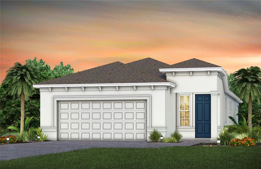 Under Construction. Welcome to the Hallmark Home! This thoughtfully designed one-story home offers 2 bedrooms, an enclosed flex room, 2 bathrooms, a 2-car garage, and a covered lanai—perfectly tailored for both comfortable living and effortless entertaining. The heart of the home is the stunning kitchen, beautifully appointed with soft-close white cabinetry and quartz countertops. The stainless-steel single-bowl sink, upgraded faucet, pendant light pre-wire, and Whirlpool appliances—including a natural gas built-in cooktop and a refrigerator—ensure that this space is as functional as it is elegant. The open-concept design flows effortlessly into the café and gathering room, which are also bathed in natural light from many windows. A sliding glass door leads to the covered lanai, merging the indoors with the outdoors for a truly inviting living experience. At the back of the home, the owner’s suite offers a private retreat. The spa-inspired en suite bath features a dual vanity with quartz countertops, an enclosed toilet, a frameless glass-enclosed shower with a built-in bench, a linen closet, and a spacious walk-in closet. The secondary bedroom and bathroom, along with the enclosed flex room, are thoughtfully located down their own hallway, ensuring privacy for guests and loved ones. The versatile flex room can be used as a home office, hobby space, or anything else that suits your lifestyle. The laundry room offers built-in cabinetry, quartz countertops, and a utility sink for convenience. Throughout the home, designer-curated finishes elevate every detail. From matte black hardware and plumbing fixtures to Sherwin Williams City Loft interior paint, comfort-height toilets, and 8’ interior doors, every element enhances the home’s beauty. Wood-Look luxury vinyl plank flooring flows throughout the home, with tile spanning the bathrooms and laundry room. Don’t miss your opportunity to make this exceptional home yours.