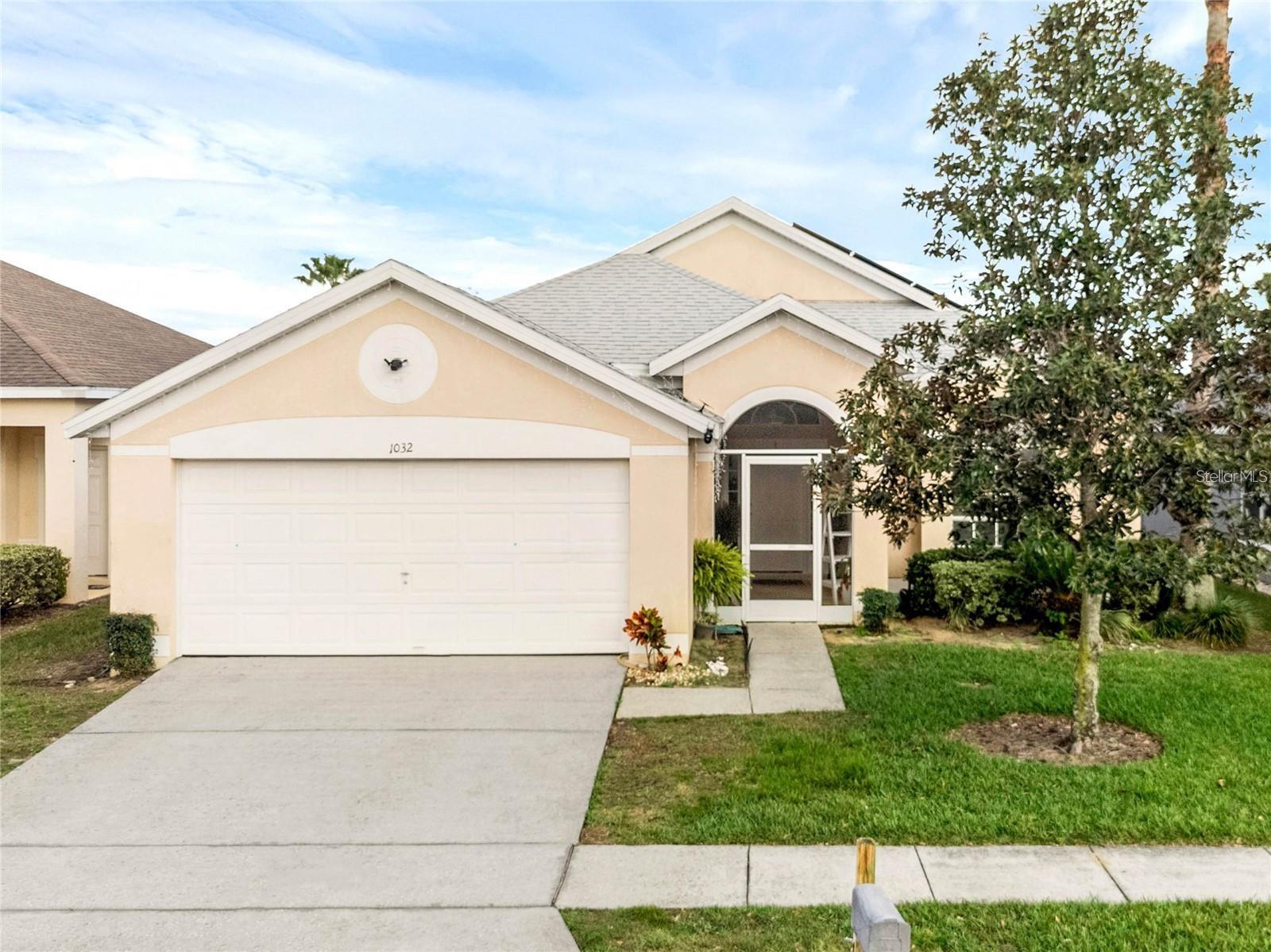 Beautiful single family home located in Hampton Estates so close to Disney! Home includes 3 Bedrooms as well as 2 full bathrooms. This home is very spacious with high vaulted ceilings with sky lights to have that beautiful sunshine through the house. Not only is the Primary bedroom spacious and includes full bathroom, walk-in closet, it also has access to the screened in pool. HOA provides private security patrols, uniform landscaping, lawn maintenance, valet trash service, and community maintenance. Great house for first time buyers and investors. Well maintained House in a quiet & beautiful neighborhood. Roof replaced on 2021, Pool resurface 2021, new water heater, new pool pump & filter 2021, and plumbing 2015, New AC 2023 and freshly painted inside. Granite countertops, stainless steel appliances, laminate flooring in the bedrooms and ceramic tile throughout the rest of the house. 2 skylights that offer more natural light coming into the Living/family area which provides a better atmosphere to that space. This home is also a short term rental approved perfect for Airbnb.