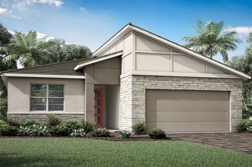 Welcome to the Gateway, a beautifully designed home in the exclusive gated community of Lakeside Sunstone at Wellen Park in Venice, FL. This stunning property offers a perfect blend of luxury and comfort, featuring 3 bedrooms, 2 bathrooms, powder room and a 2-car garage. As you enter this spacious home, you'll be impressed by the open floor plan and the elegance of the oversized plank tile flooring that spans the main living areas. The oversized kitchen is a chef's dream, showcasing 42" linen cabinets and exquisite contrasting Soapstone quartz countertops, ideal for both everyday cooking and entertaining. The unique random linear tile backsplash gives a hint of glamour to the space. The strategically placed island is large enough to seat up to 7. The master suite is a true retreat, featuring a large bedroom and a luxurious en-suite bathroom with a glass enclosed shower, dual sink raised vanity, and ample storage space between the linen and walk-in closet. The additional bedrooms are generously sized, providing comfort and privacy. The study is located just off the foyer, providing some seclusion. It also features a walk-in closet, making it multi functional. There is a powder room adjacent from the main living spaces, a convenient feature to secure privacy of the full baths. Outdoor living is a highlight with the covered lanai, perfect for relaxing while taking in the gentle Florida breeze. Wellen Park is known for its tranquil ambiance and prime location. Residents enjoy easy access to scenic parks, and a variety of shopping and dining options by means of walking, biking or golf cart. Photos, renderings and plans are for illustrative purposes only and should never be relied upon and may vary from the actual home. Pricing, dimensions and features can change at any time without notice or obligation. The photos are from a furnished model home and not the home offered for sale.