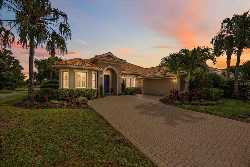Located inside the gates of Venetian Golf & River Club, this rarely available extended Correggio floor plan offers the perfect blend of luxury, comfort, and effortless Florida living. Featuring 3 bedrooms, 2 bathrooms, a den, with a private POOL/SPA, this spacious Furnished residence is thoughtfully designed with IMPACT WINDOWS for both everyday living, peace of mind,  and entertaining. Perfectly positioned to capture peaceful golf course views (hole #2) and natural light, the highly sought-after extended layout showcases expansive living spaces, soaring ceilings, crown molding, and Brazilian Cherry engineered hardwood flooring throughout the main living areas. Oversized sliding glass doors create seamless indoor-outdoor living, opening to the screened lanai complete with a STORM SMART electric hurricane roll-down shutter for added protection and peace of mind. The gourmet kitchen is designed to impress with stone countertops, stainless steel appliances, abundant cabinetry, and an oversized island overlooking the great room and dining area. The spacious primary suite offers a relaxing retreat with dual walk-in closets and a spa-inspired bath, and a door to your lanai. This split floor plan with guest bedrooms thoughtfully positioned for privacy and comfort. Additional highlights include designer finishes, abundant storage space in both the laundry room and garage with built-in cabinetry, and a desirable side-load two-and-a-half-car garage with room for a golf cart or additional storage. Enjoy resort-style living with access to the River Club, resort-style pool with tiki bar, lap pool, fitness center, tennis, pickleball, scenic walking trails along the Myakka River, fine dining, and a vibrant social calendar, with optional championship golf available at the Venetian Golf Club. Ideally located just minutes from Gulf beaches, downtown Venice, Sarasota Memorial Hospital, shopping, dining, and I-75.