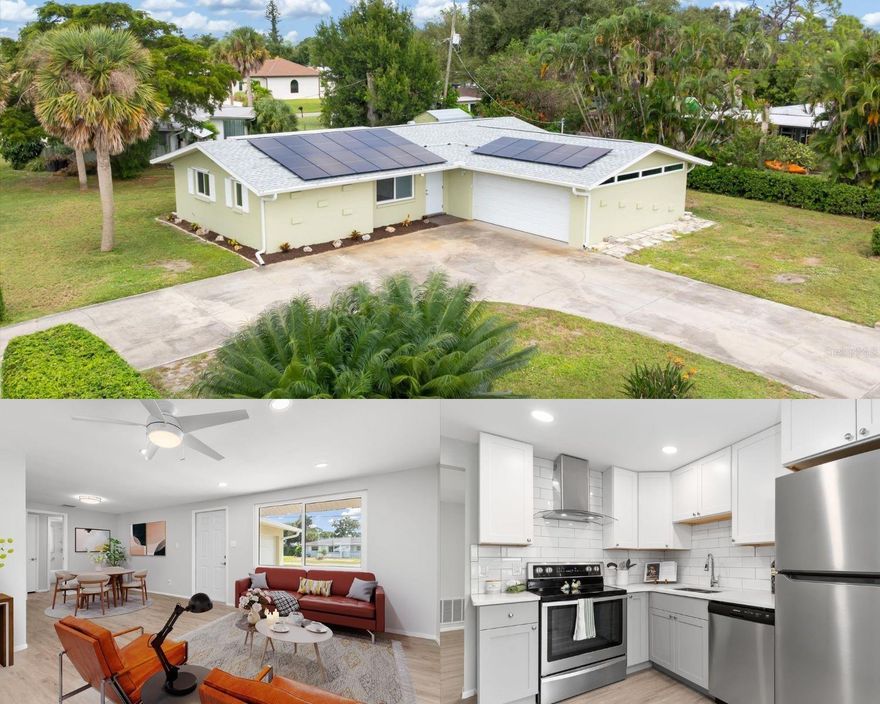 One or more photo(s) has been virtually staged. Welcome to your Florida coastal retreat, where modern comfort meets Old Venice charm. This beautifully renovated 2-bedroom, 2-bath home with a 2-car garage sits on a corner lot surrounded by tropical landscaping and mature palms—and best of all, there’s no HOA, no CDD fees, and no flood zone.

Inside, you’ll find a freshly painted interior in soft coastal tones and brand-new flooring throughout. The updated kitchen features quartz countertops, new stainless-steel appliances, soft-close cabinetry, and stylish finishes that elevate the home’s character. The open, light-filled layout makes this home ideal for both entertaining and everyday living.

The primary suite includes a spacious walk-in closet and private en-suite bath, while the guest bedroom and second full bath provide comfortable space for visitors, a home office, or flexible use. Throughout the home, you’ll also find updated lighting and modern outlets with built-in safety features.

Outside, the screened lanai offers a relaxing place to unwind, with a few mature trees adding shade and privacy. A detached storage shed provides extra room for tools, beach gear, or hobby items.

This home has been exceptionally maintained with major improvements already completed: solar panels (2022) with an average electric bill under $45, new roof (2022), HVAC (2022), hurricane-impact windows (2021), water heater (2024), and re-plumbed pipes (2014).

Located in the Old Venice area, you’re approximately one mile from optional access to the South Venice Beach Ferry and private boat ramp, and only minutes from Manasota Key Beach, Venice Beach, Downtown Venice, parks, trails, and nearby kayak launches.

One or more photos have been virtually staged to help showcase the home’s potential.

Bring your offers and schedule your private showing today!