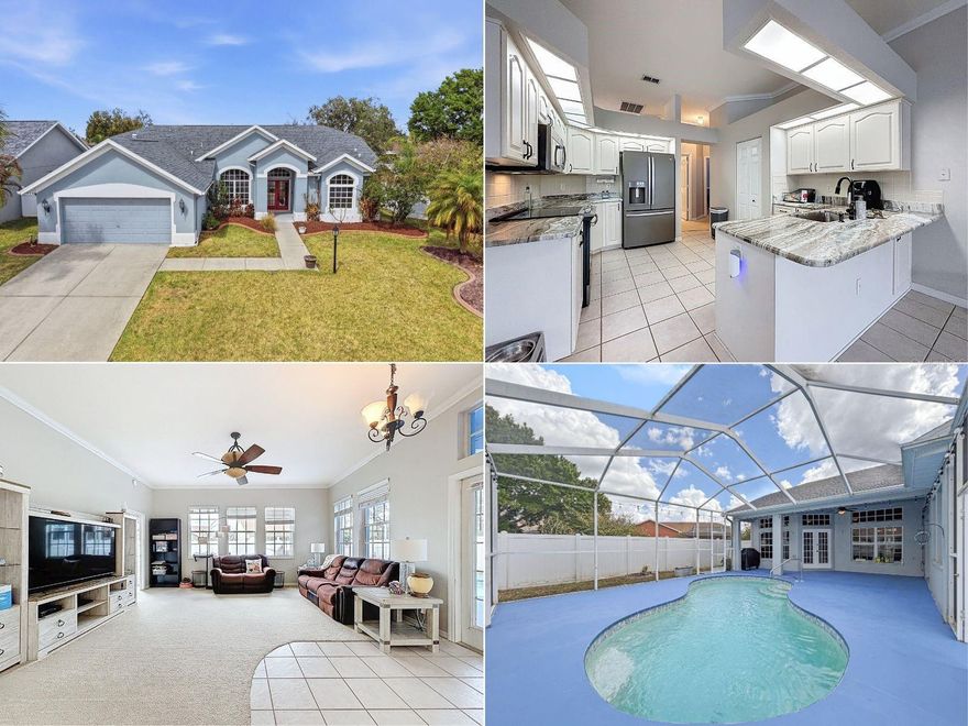 JUST BRING YOUR BOXES!! This Beautiful 4-bedroom 3-bath 2 car garage pool home is ready for a new family. Walk in and immediately fall in love with the open dining room and formal living room. The kitchen is a chef's dream, including an abundance of cabinet space, granite countertops, and nice stainless-steel appliances. The kitchen opens to another living room that allows you to entertain guest while cooking. The primary bedroom is large and includes a beautiful ensuite with not one but two walk-in closets. Separate from the primary are two more bedrooms with a jack and jill bathroom. If you need another bedroom, you got it.  A fourth bedroom with separate bathroom and exit to the backyard can be closed off with a pocket door and become a great in-law suite.  Roof replaced in 2020, A/C replaced in 2022, no flood insurance required.  Beat the Florida heat with your own enclosed in ground pool complete with saltwater filtration system.  Privacy is not a problem with a completely fenced in backyard.  Scrolling through the photos can give you some nice ideas, HOWEVER, WHEN YOU SEE THE HOME IN PERSON YOU WILL FALL IN LOVE AND PICTURE IT WITH YOUR FURNITURE AND DESIGN. Schedule your in-person tour today.  Some photos virtually staged.