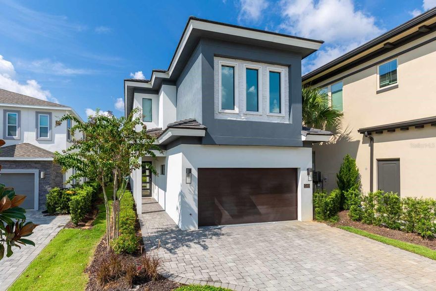 Six-bedroom modern custom home, featuring a private pool and spa, game room, and home theater. Interior highlights include an open-concept living area, full kitchen, and multiple gathering spaces, along with themed bedrooms and additional entertainment features. Outdoor amenities include a covered patio, outdoor dining area, and golf course views.