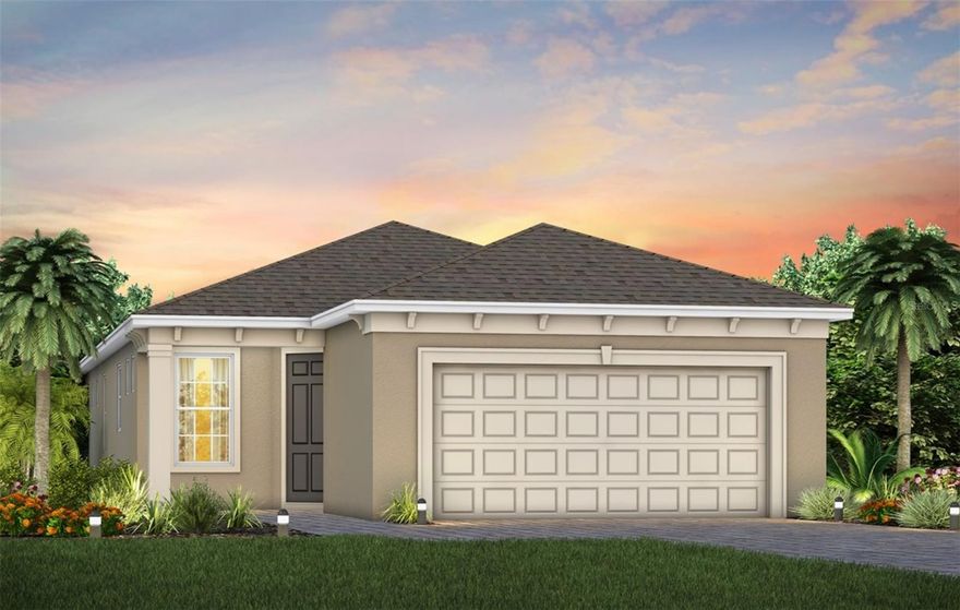 Under Construction. Del Webb Sunbridge is a gated 55+ active adult natural gas community offering new construction single family and villa homes with a low-maintenance lifestyle – and a Central Florida location in the center of it all. Del Webb Sunbridge offers an abundance of resort-style amenities with social events and activities centered in the 27,000-square foot clubhouse and planned by a full-time Lifestyle Director. With a zero-entry pool with lap lanes, resistance pool, poolside hammocks, and heated spa, sports courts, a movement studio, walking trails and more. Meet new friends at a resident club, take a painting class at one of the many art studios, attend a concert or show at the amphitheater, grab a bite at the on-site tavern & grille, or chat at the fire pits and grille pavilion. Get spoiled at Del Webb Sunbridge - after all, this is your time! Your home's exterior and yard maintenance are included, and fiber network provides up to gigabit internet speed. Del Webb Sunbridge’s resort amenities, sports courts, and Lifestyle Director with nearby Lake Nona truly make this the ideal neighborhood and a perfect location to call home.
The one-story Contour home by Del Webb features 2 bedrooms, an enclosed flex room, 2 bathrooms, a 2-car garage, and an extended covered lanai—ideal for both comfortable living and easy entertaining. The heart of this home is the stunning kitchen, designed for both beauty and function. It’s appointed with 42” soft-close cabinetry, elegant quartz countertops, and a striking decorative tile backsplash. The Whirlpool appliances—including a built-in natural gas cooktop and a refrigerator—along with a stainless-steel single-bowl sink and upgraded faucet, make this space a chef's dream. Whether preparing meals or hosting guests, this kitchen inspires. The open-concept design flows seamlessly into the café and gathering room, both flooded with natural light from ample windows. A sliding glass door opens to the extended covered lanai, merging indoor and outdoor living for an inviting and relaxing experience. The owner's suite, located at the back of the home for maximum privacy, offers a true retreat. The spa-inspired en suite bath features a dual vanity with quartz countertops, an enclosed toilet, a frameless glass-enclosed shower with a built-in bench and tile extending to the ceiling, a linen closet, and a spacious walk-in closet. At the front of the home, the secondary bedroom and bathroom are paired with the versatile flex room, providing privacy and space for guests or loved ones. The flex room can serve as a home office, hobby space, or anything that fits your lifestyle. Designer touches inspired by this former model home are evident throughout, with oil rubbed bronze plumbing fixtures and hardware, a Whirlpool washer and dryer, and built-in cabinets and quarts trimmed utility sink in the laundry room. Every detail of this home has been thoughtfully curated, from comfort-height toilets to the Sherwin Williams City Loft interior paint and 8’ interior doors. Inside, wood-look luxury vinyl plank flooring adds warmth and style to the throughout, while durable tile flooring enhances the bathrooms and laundry room for easy maintenance and everyday practicality. Don’t miss the chance to make this exceptional home yours. Schedule a tour today!