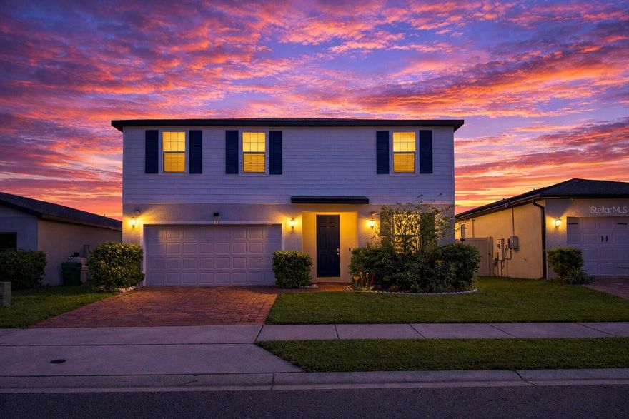One or more photo(s) has been virtually staged. 4-bedroom, 2.5-bath home in Lucerne Park Reserve featuring open-concept living, tile flooring in main areas, recessed lighting, and kitchen with  cabinetry, stainless appliances, island, and quartz countertops. Living area includes decorative accent wall with fireplace.
 
Primary bath offers dual sinks, quartz countertops, glass-enclosed shower, and built-in shelving. Includes half bath for guests and dedicated laundry room. Sliding glass doors lead to fenced backyard. Home includes smart outlets compatible with Alexa.
 
Seller states roof was replaced in 2024. Seller states solar panel system produces home’s consumption, with electric bill typically limited to grid connection charges, and seller will pay for solar transfer.
 
Community amenities include pool, playground/tot lot, and lakes. Buyer to verify all measurements, HOA/CDD, schools, roof, and solar details.