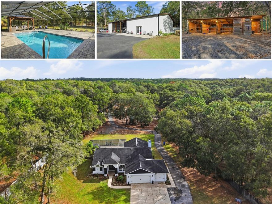 THIS ONE HAS IT ALL!!  MOVE-IN READY!! Looks like something out of Southern Living Magazine!! STUNNING REMODELED, Farmhouse-style 4/2/2 private saltwater POOL HOME + gas fireplace + nestled on 4.9 acres with LARGE detached building (40x84) + 3-stall barn and horse run-in shelters!! UPGRADED and MOVE-IN READY!! NO FLOOD!! NO HOA!!! ZONED AG!! So bring your horses, RV, camper, boats, ATVs, bring is all!! The detached building would make a great office for a home business, too!!

4 bedrooms + 2 bathrooms + 2 car attached garage + PRIVATE POOL with outdoor shower and access to pool bath + AMAZING OUTDOOR LIVING SPACE with NO NEIGHBORS to look at or to look at you + SUPER LARGE IMPRESSIVE DETACHED METAL BUILDING with concrete floors that can park 6 cars or boats or RVs + which includes a HUGE BONUS INTERIOR ROOM (35x37) with AC and 1/2 bath (currently used as a dance studio and entertainment bonus room for the family that everyone wants to come to; make it into a mother-in-law suite if you want to or the man cave for all to envy + 3-stall barn for your horses with tack room and grooming station + 2 pastures + 3 runs + outdoor arena with lighting + life-size playhouse + ALL OF THIS is nestled on 4.9 acres with a PAVED driveway and beautiful board fencing and a gated entrance!!  The detached metal building has an enormous amount of storage space above the bonus room with full staircase for easy access.

The main home has a bonus room with AC that made from the 3rd garage or you can convert it back to a garage space or use it as a gym or office!! It has a separate entrance, too!! The outdoor living space has a large covered back lanai and it has all brick pavers around the large pool deck with pavilion that offers additional outdoor covered space and it is all screened, as well.

The main home is 2,201 sq feet living space; 3,060 total sq feet.  The detached metal building is 3,360 sq feet. 

The property is made up of 2 parcels, so you can still build another home if you want to turn it into a family compound!! This extra buildable parcel adds extra value to the property!!  

Walk inside the home and it will take your breath away with the stunning new kitchen with large island bar for extra seating, gorgeous Quartz counter tops, range hood and pot filler, matching coffee bar area, upgraded stainless steel appliances...all was done by an interior designer! The home has high ceilings and an open floor plan to the living rooms and family room with gorgeous wood beam and fireplace focal points, large windows and glass slider with pool views...so the home feels VERY spacious, light, bright and cheery!! The spa-like master bathroom is your own retreat as it's been remodeled to include gorgeous countertops, white shaker cabinets, ceramic-tiled walk-in shower with frameless and a modern soaking tub!! The second bathroom has been remodeled with gorgeous matching finishes, too!! Walk-in closets!

Let your family grow up on their own private paradise!! The large paved driveway is great for taking walks, riding bicycles, playing basketball or other sports!! It allows for a tremendous amount of parking with your entertaining or for your own vehicles and toys!! 

Located 5 minutes from the Suncoast Parkway for quick and easy access to Tampa!! 15-20 minutes to boating, fishing, kayaking, paddle-boarding, & swimming with the manatees in the clear Weeki Wachee River! Enjoy sunsets at Pine Island!! 

ROOF 2012. AC 2019. Hybrid Water Heater 2025.