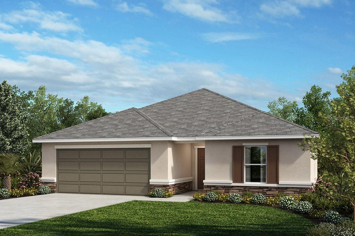 Prepare to meet the house of your dreams with this beautiful single-story home featuring tile flooring in the living and wet areas. The entry gives way to a spacious great room with 9-ft. ceilings that lead out to a covered patio, ideal for hosting friends and family. This contemporary kitchen features quartz countertops, 42-in. upper cabinets, an eat-at island, a walk-in pantry, and a stainless-steel Whirlpool® appliance package. Towards the front of the house, you will find three secondary bedrooms, which feature walk-in closets and a full secondary bath. The primary bedroom boasts a large walk-in closet, a connecting bath with a linen closet, tile surround in the walk-in shower, and a dual sink vanity with quartz countertops. Community offers no CDD and low HOA.